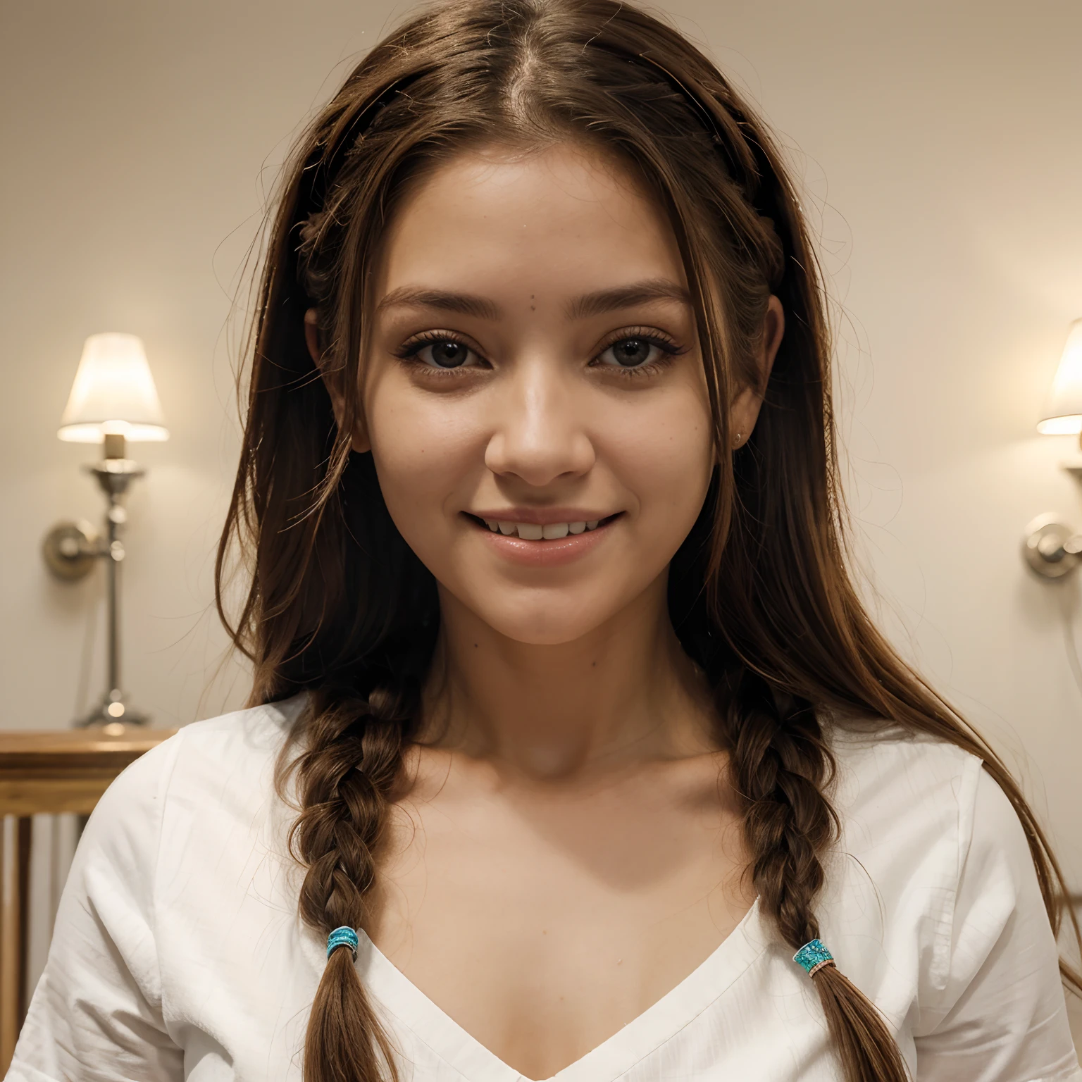 mejor calidad, obra maestra, cabello blanco, ojos dorados, ropa blanca, mirando hacia arriba,  cuerpo entero, hair strand, piel clara, trenzas laterales, sonrisa, escote, orejas elfo, fondo luces