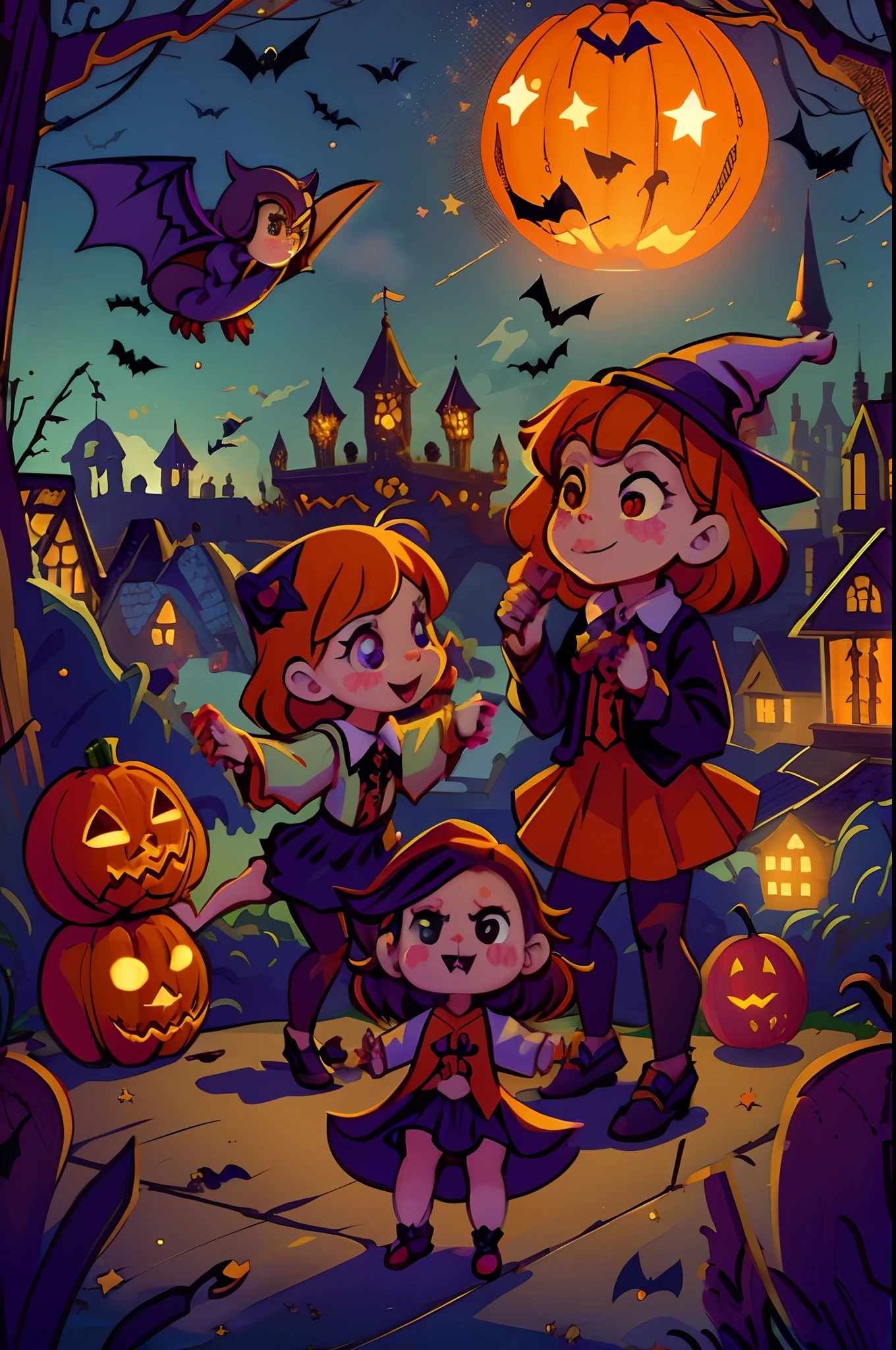 young cute witches and young cute wizards dance on halloween night. halloween pumpkins, lanterns, fireworks, bats, owls, medieval city.