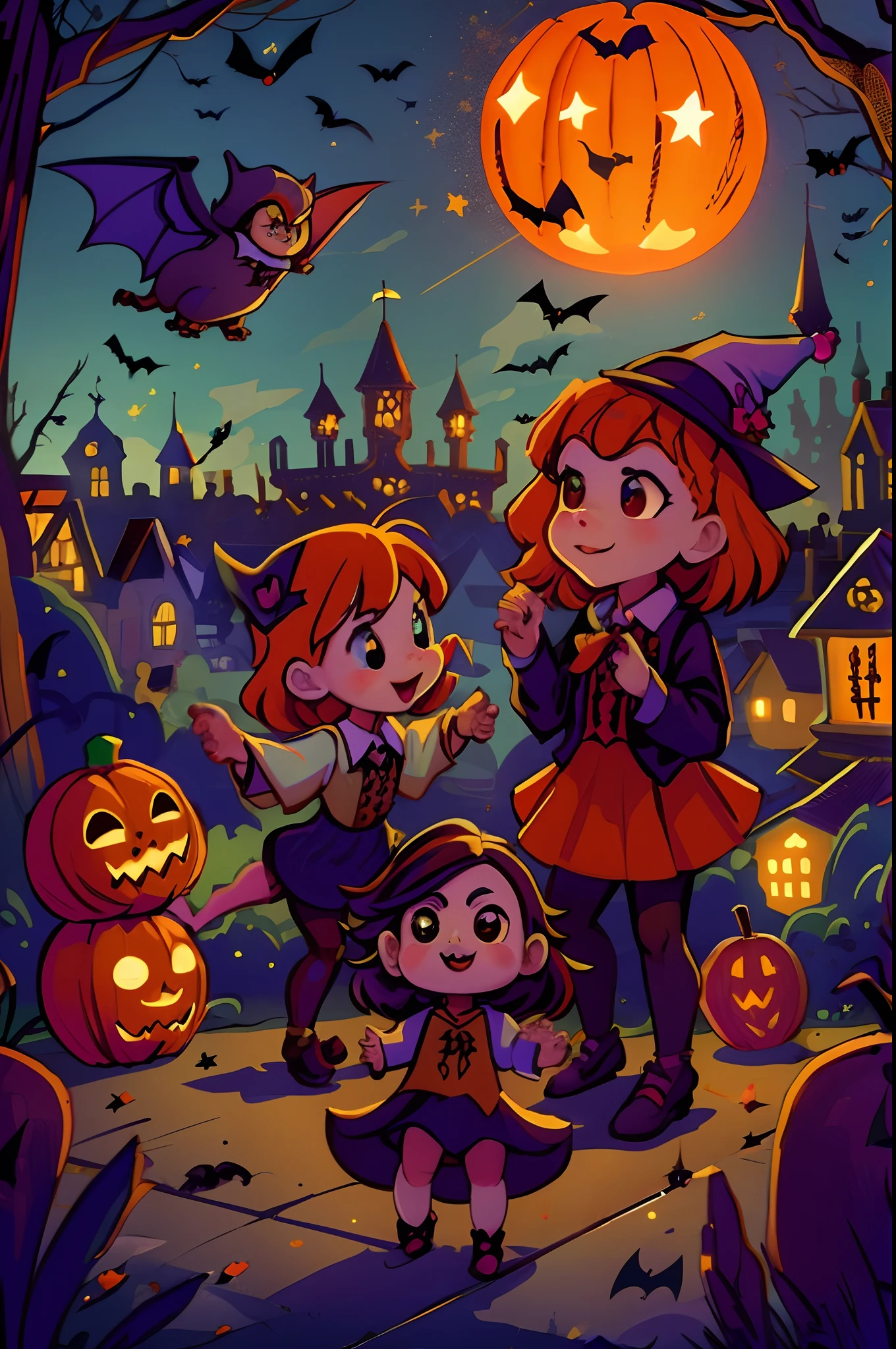 young cute witches and young cute wizards dance on halloween night. halloween pumpkins, lanterns, fireworks, bats, owls, medieval city.