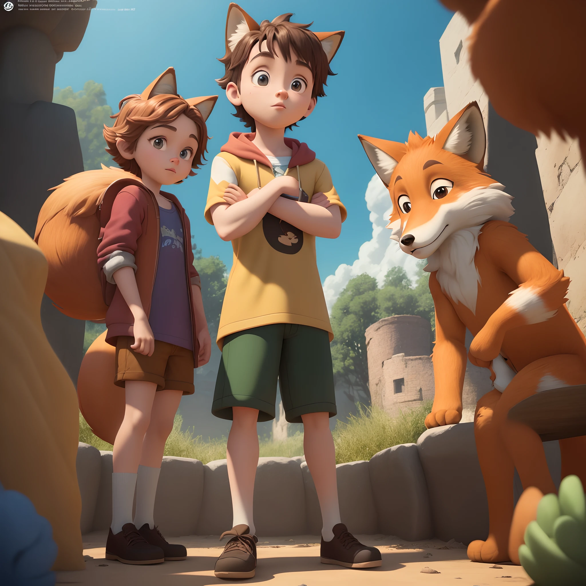 the poster for the movie "LiseeQ and Piter", animated film, animated movie, children's animated films, movie promotional image, animated movie still, children's cartoon, official art, animated series, animation film, movie promotional art, animated cartoon series, official artwork, 3 d animated movie, animated film still, animated movie scene, animated movie shot, promotional art, kids movie, two brothers standing back to back, one is a furry fox the other one is a scientist.
