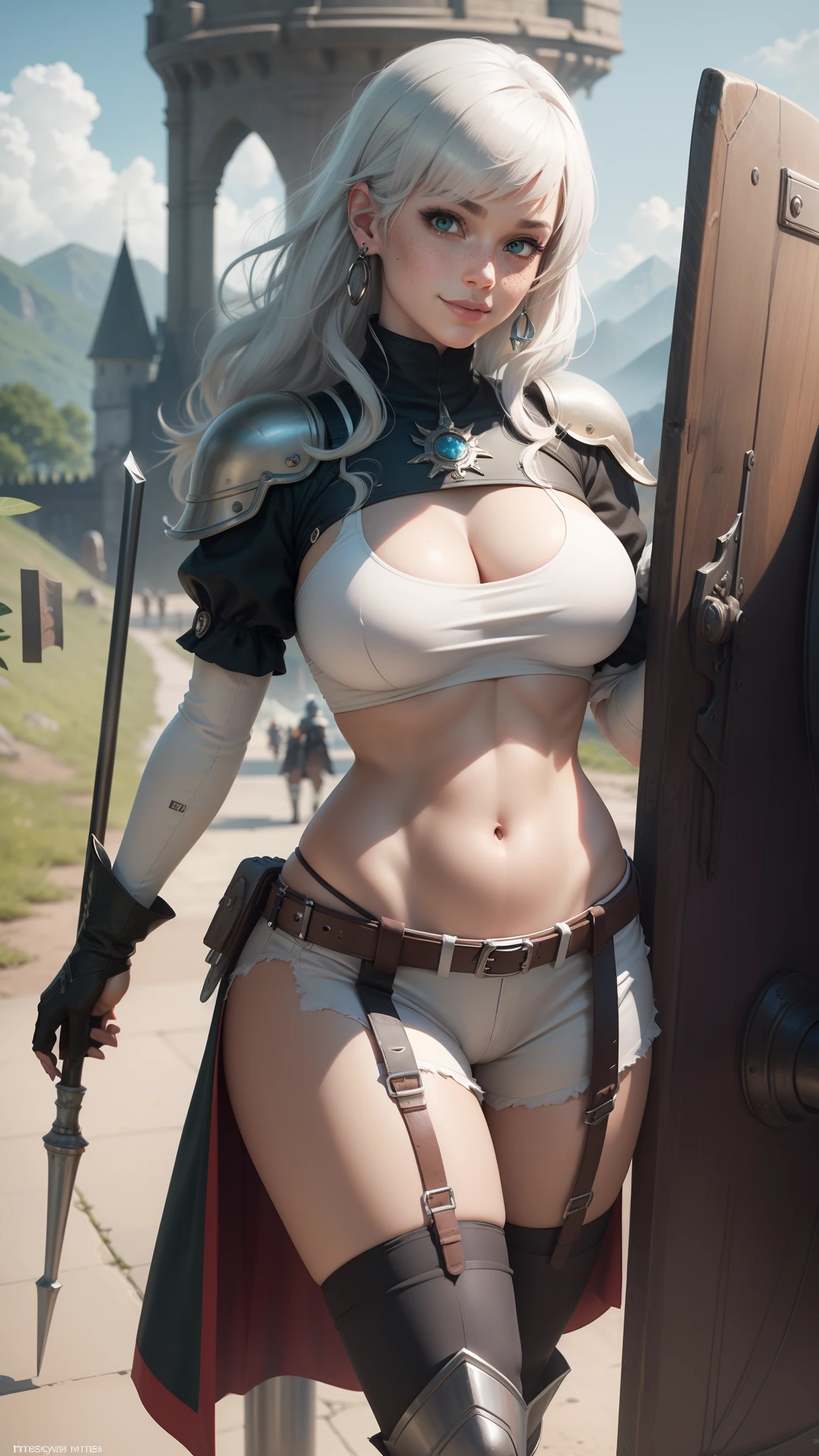 gwen tennyson,y'shtola rhul,yorha 2b, tracer,nier automata,overwatch,close up,mecha pilot,mountain road,tattoos, white and silver plugsuit,white short sleeve lycra top,steel lycra micro shorts,garter belt,uncovered belly,short hair,cute makeup,green eyes,dimensional silver hair,shy smile, freckles,beautiful girl,large breasts,4k hd,ultra detailed,realistic,fantasy art, valkyrie armor,steel armor,medieval castle,medieval dress,victorian dress, ear piercings,hair pin,thigh high boots, holding a mace and a shield,