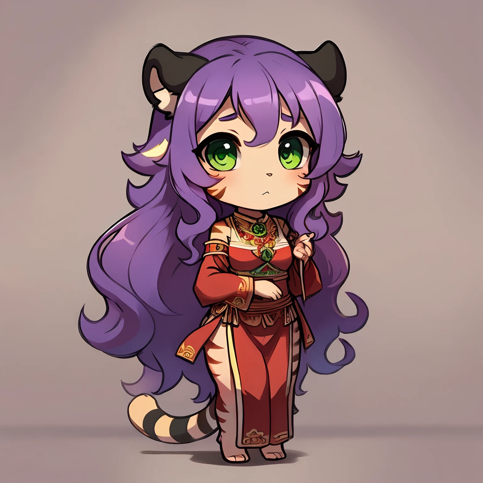 Tiger ears, long curly hair, purple hair, green eyes, indonesian traditional outfit, chibi,