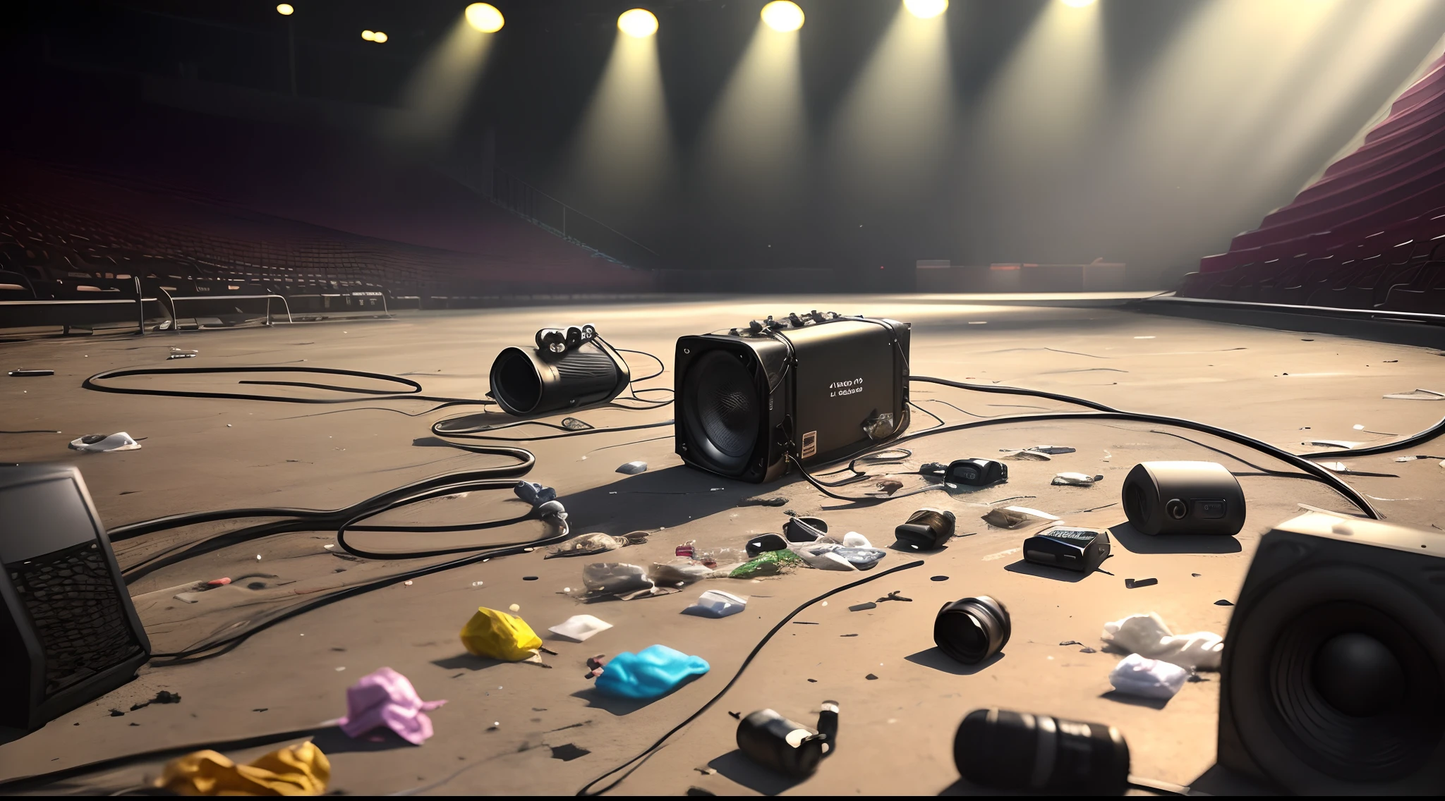 can you make me an album cover that looks like this: An empty concert venue with a little bit of trash piled up. The microphone from the concert lies on the stage in the foreground.