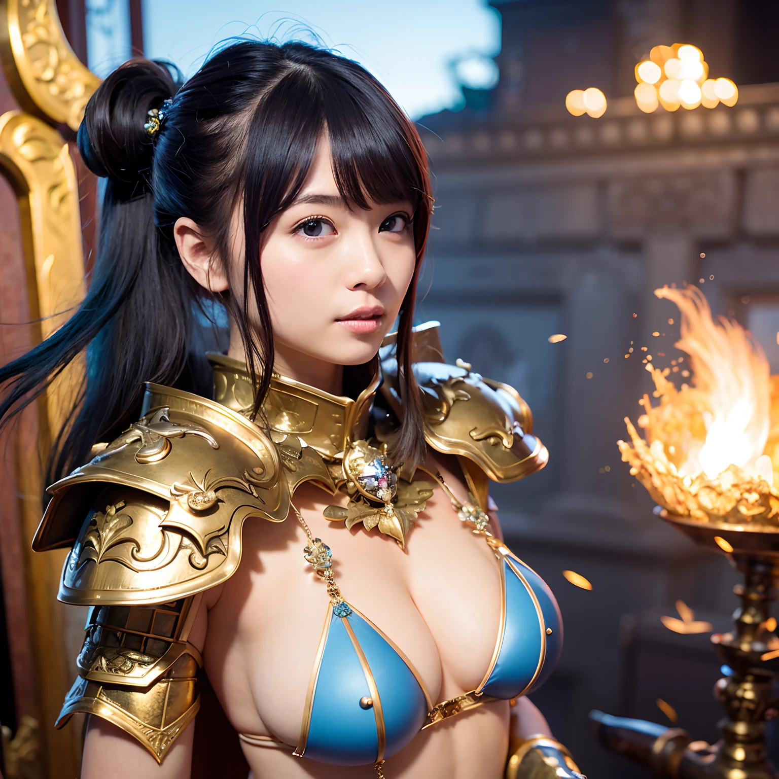Professional , ​masterpiece、top-quality、photos realistic , 、top-quality、超A high resolution、(Photorealsitic:1.4)、Raw photo、depth of fields （Gemstone Gold Metal Body:1.9),(Matte White、Toostock、heavy breasts、（cleavage of the breast）、(((Micro  Armor))),（Detailed Dragon Armor）、（Have the strongest weapon）、（(Random Hairstyles 1.6),Dark Fantasy,）explosions、intense fighting、（Precipitous cliffs),Dragon Gold Weapon,Mystical expression、Particles of light、Fight dragons、（Detailed Dragon Helmet),Gorgeous Silver Weapons ,（（ Dragon's dense and gorgeous sword）） , Beautiful knife   ,warhammer 40k ,Detail and gorgeous tiaras、（（Blue hair））、（Castle background）、、（（Gangle's forest background））、Beautiful Caucasian beauty、１a person、dynamic ungle,(((With detailed shielding)))、Smaller head、A smile、Castle background、Thin and beautiful female hands、cleavage of the breast、Soldier in iron armor on background、Mystical expression、Light Effects、intense fighting、Wind-effect、magic circles、With the legendary magic wand、（demonic wings）、Toostock、