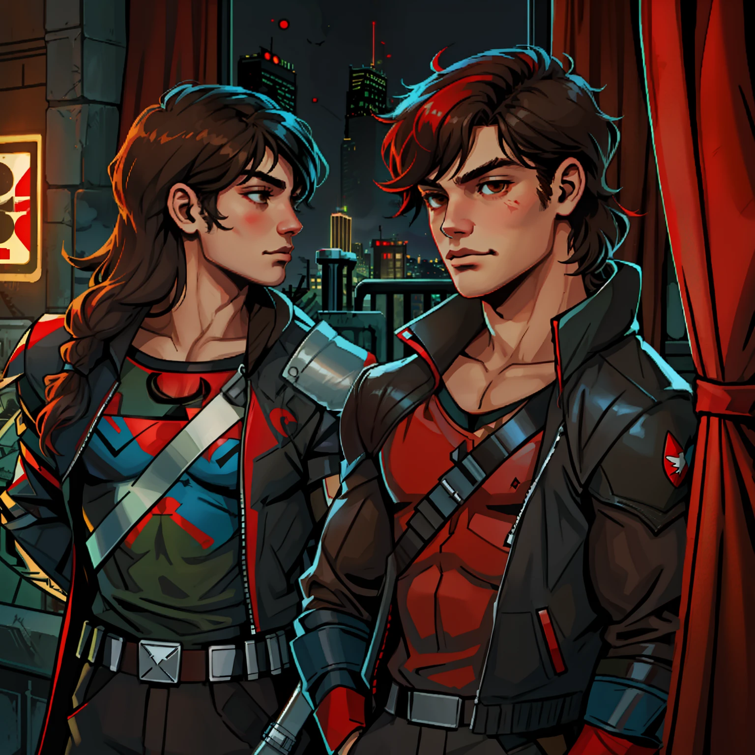 girl with brown eyes and wolf cut, curtain bangs, brown, shoulder length hair. DC's Jason Todd-Red Hood, Richard Grayson-Nightwing, Tim Drake-Red Robin