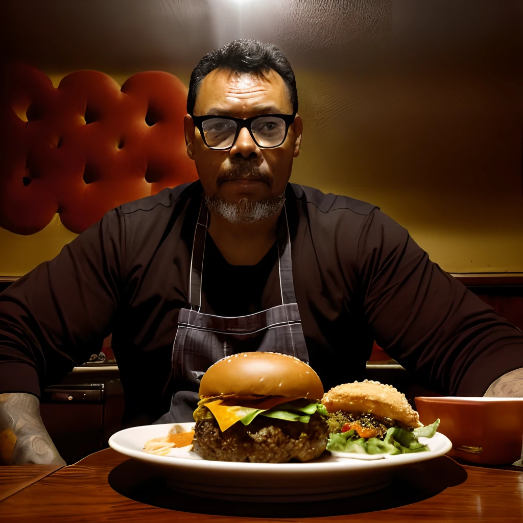 guttonerdvision10, A high-resolution, chiaroscuro-lit photograph for a diner magazine cover, featuring a man wearing glasses in '70s diner staff attire, showing off a complete hamburger. The primary focus of the photograph is on the hamburger, with the rest of the scene, including the man, in a depth of field. The lighting is studio-based, using chiaroscuro techniques to add dramatic effect. The image is highly detailed and realistic, shot at eye level.