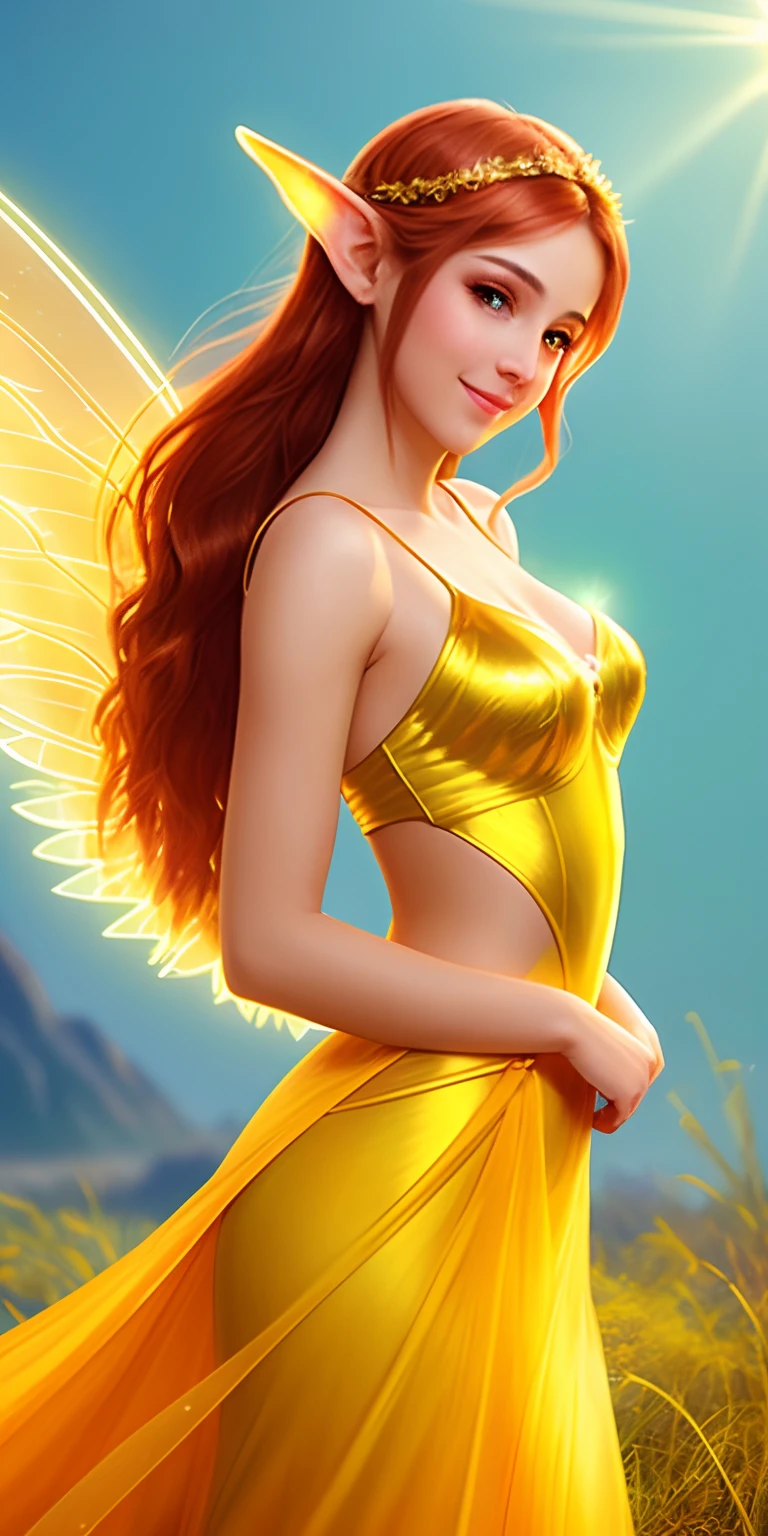 a radiant Archfay woman who embodies pure sunshine and joy. Her luminous, golden skin is aglow with an inner light, and her eyes sparkle like the sun's rays. Long, ethereal hair flows like strands of sunlight, and her vibrant, gossamer gown seems to dance with every step, radiating warmth and happiness.  She has fairy wings and elf-like ears.  Fantasy art style