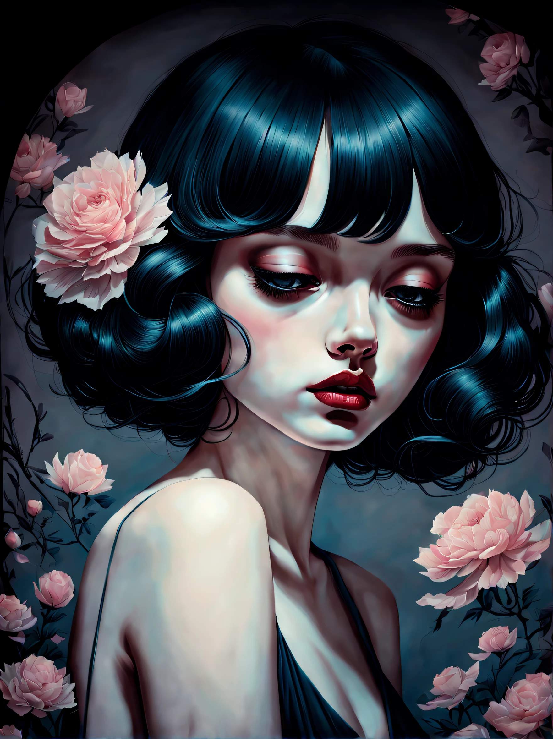 chiaroscuro technique on sensual illustration of an elegant girl, , vintage, eerie, matte painting, by Hannah Dale, by Harumi Hironaka, extremely soft colors, vibrant, highly detailed, digital illustrations , high contrast, dramatic, refined, tonal, facial expression