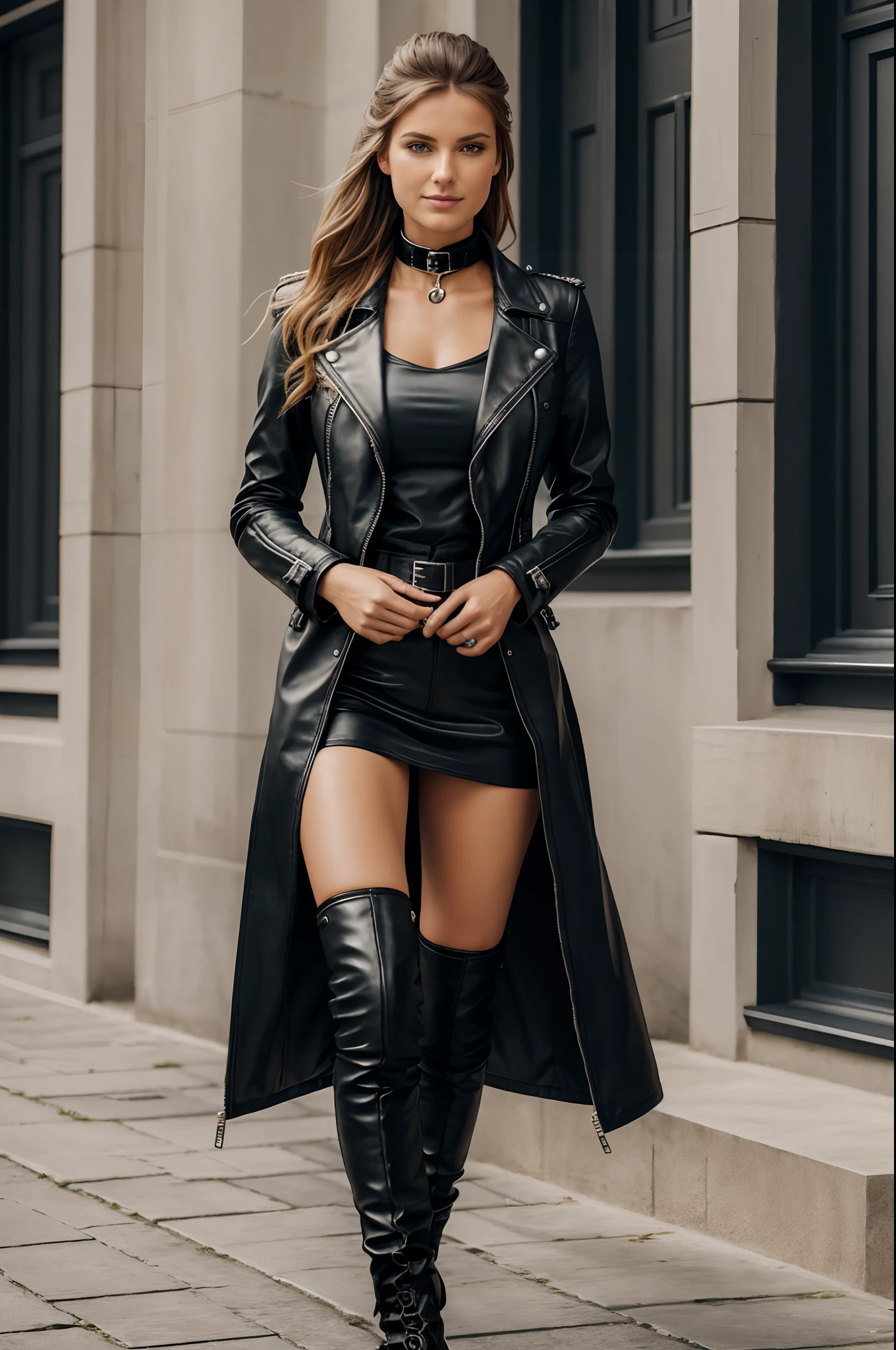 Frau im Lederoutfit, Lederbekleidung und Stiefel, Lederbekleidung, in schwarzes Leder gekleidet, in einem Vollleder-Outfit, Lederbekleidung, bekleidet mit kurzer Lederjacke, Leder, Lederstiefel, in Biker-Leder gekleidet, Lederstrümpfe, hohe Stiefel, Domina, Geliebte, imposant und dominierend, bekleidet mit Lederjacke, Tragen von Leder,