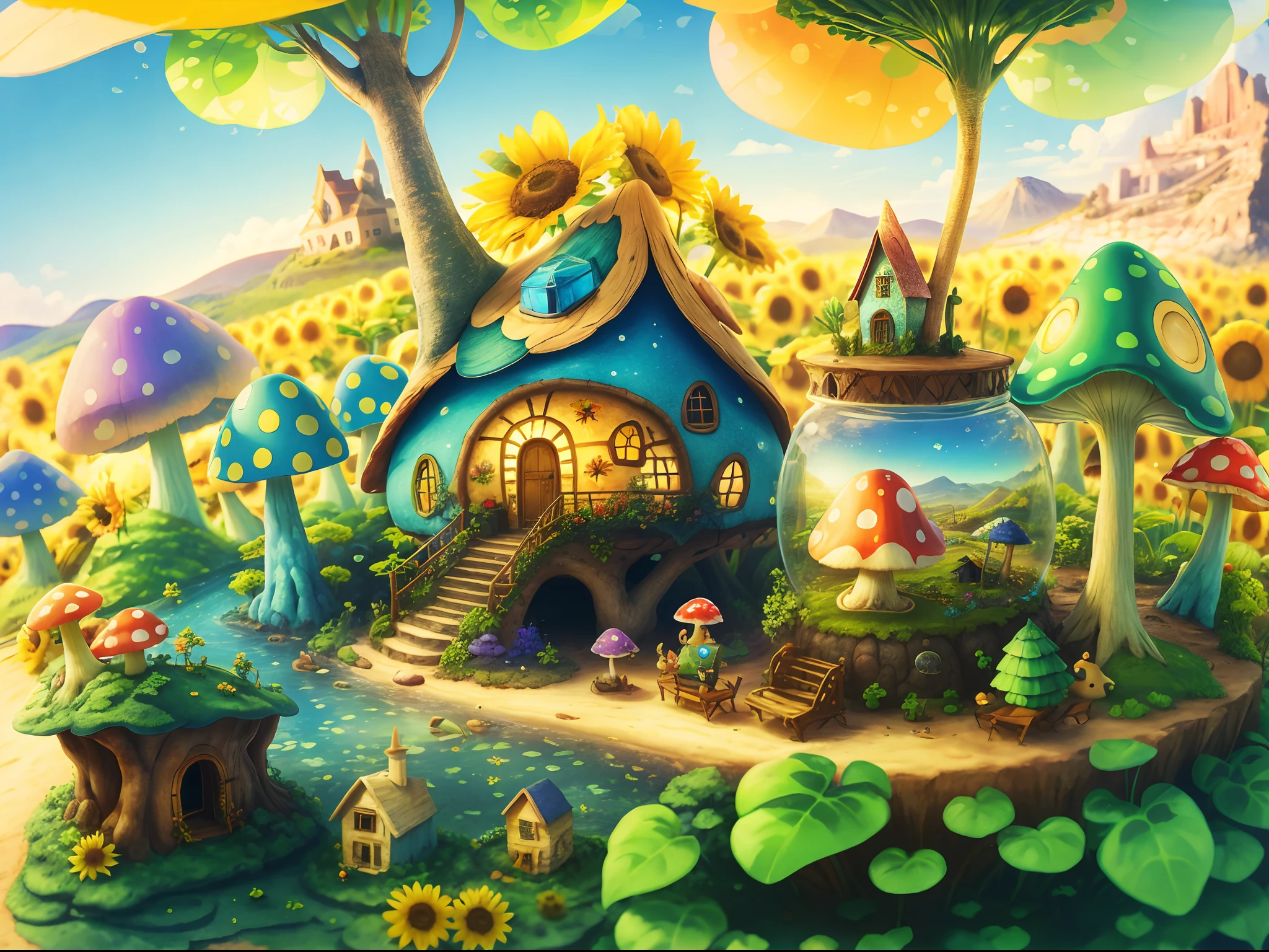 World in a bottle,A fairyland-like hideaway,Colorful mushroom house,a fairy world,summer day,beachside,rios,tree house,Sunflower fields,lavender,mountain ranges,mountain peaks,big trees,