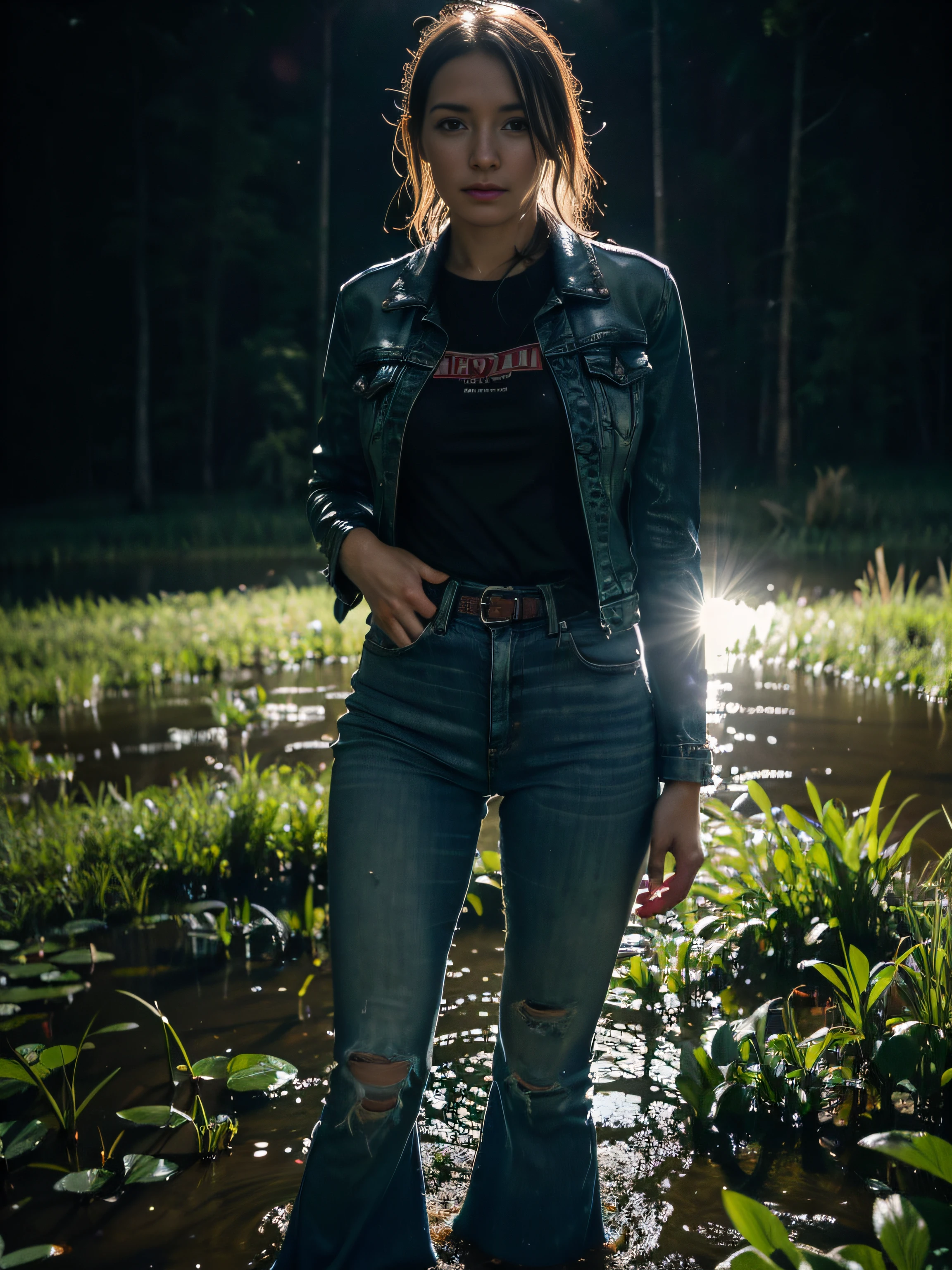 Hyperrealistic photo, Ultra Detailed, Raw, tmasterpiece, Dynamic frame), the night,Forest swamp.(Darkness around.Flash-only lighting when taking photos:1.4).The woman, Tormented by lust, recklessly (drowning in a swamp:1.2). In the middle of a muddy swamp, satisfies his fetish, loose jeans, Tight blouse. redhead hair