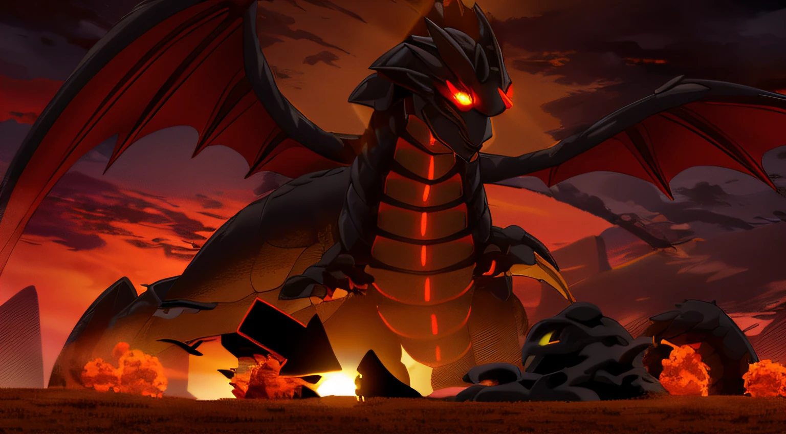 Yellowish sky with a sunset, black dragon with glowing red eyes, wind blowing, sunlit green grass, a large dragon with black wings and a black body