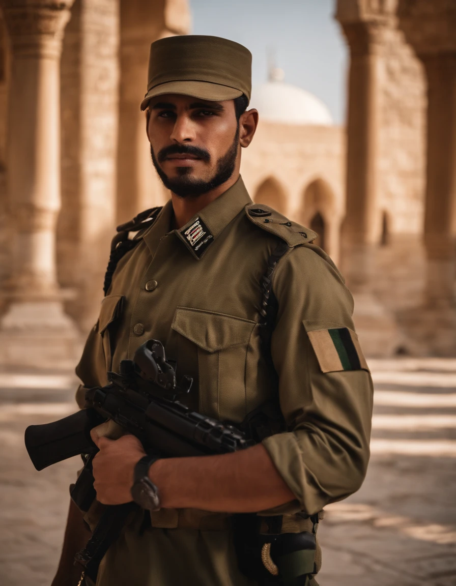 A soldier wearing khakee uniform name is Ali standing before aqsa mosque