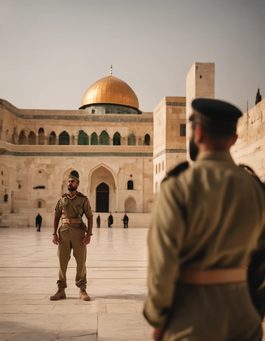 A soldier wearing khakee uniform name is Ali standing before aqsa mosque