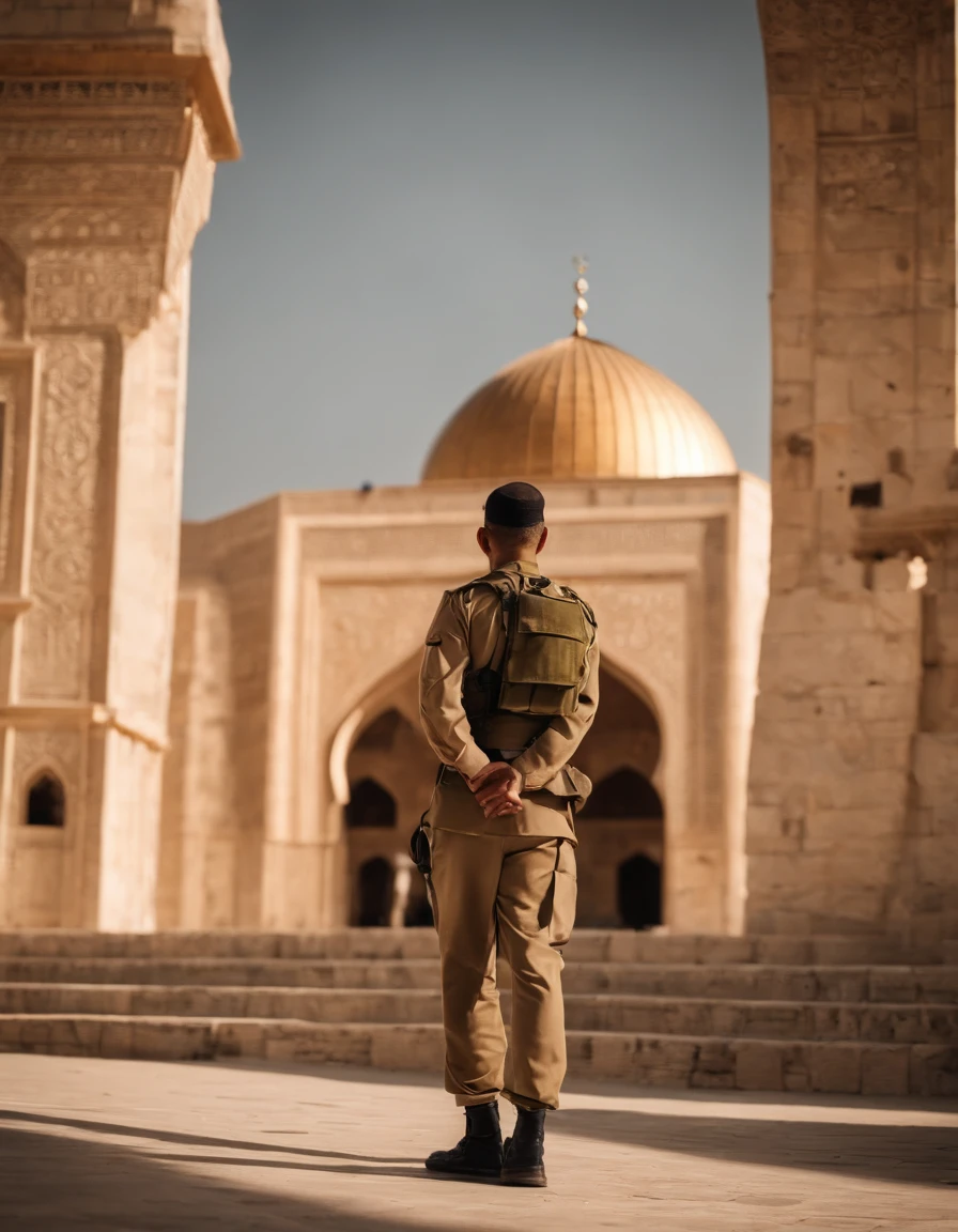 A soldier wearing khakee uniform name is Ali standing before aqsa mosque