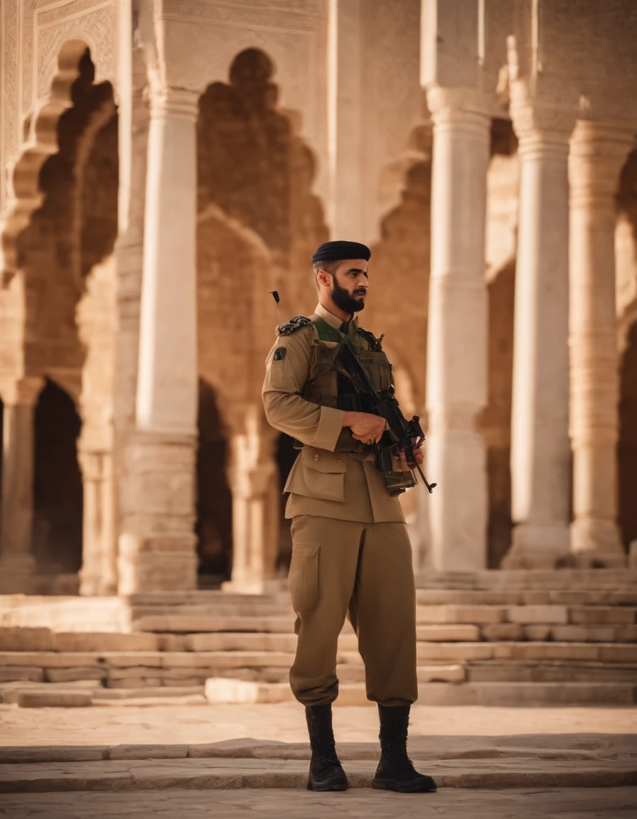 A soldier wearing khakee uniform name is Ali standing before aqsa mosque