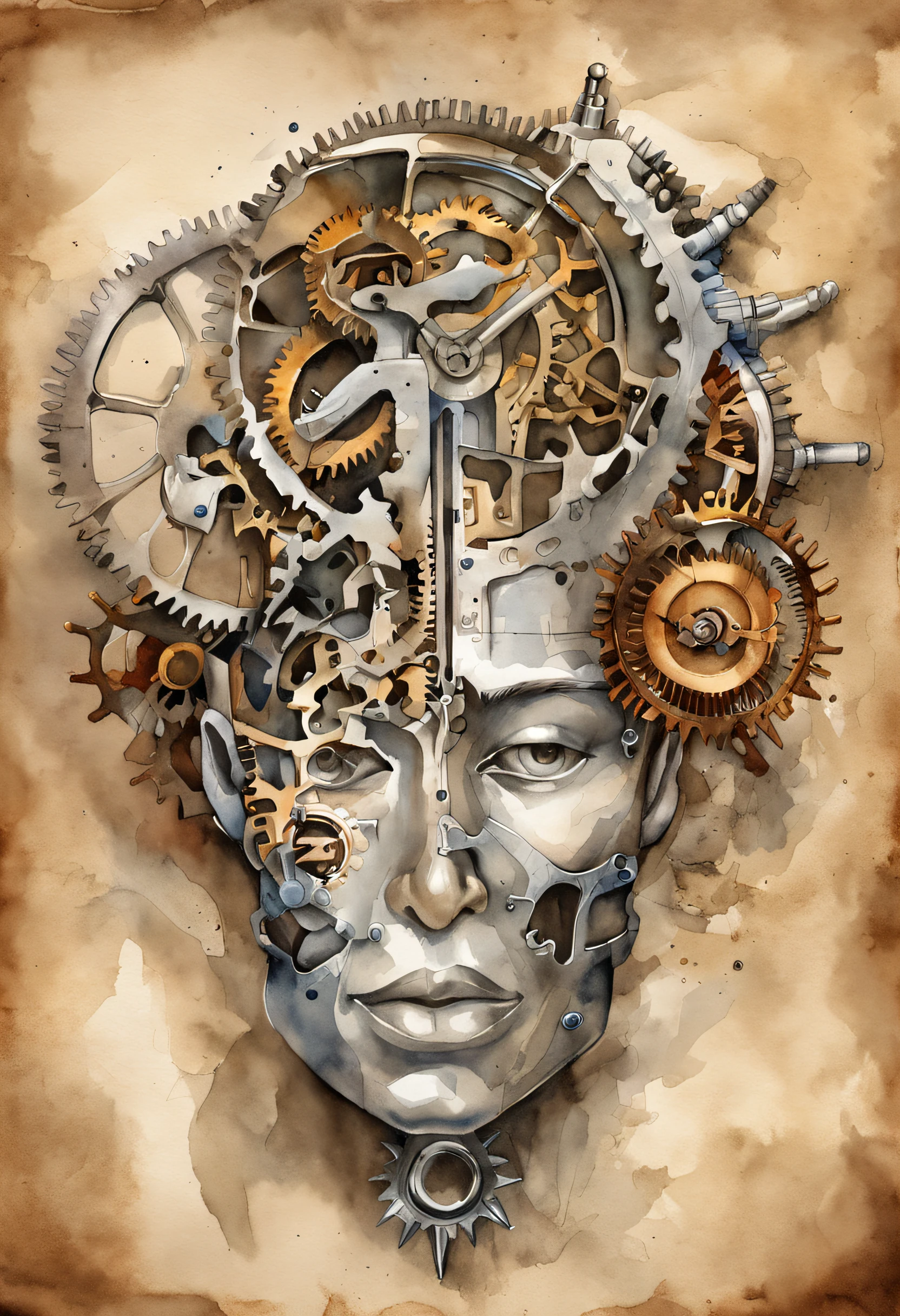(Conceptual portrait:1.2) of a man, face composed of ticking clock gears, (intricate mechanical details:1.4), deep in thought, upper body framing, inside a melting Salvador Dali-esque room, dramatic chiaroscuro lighting, Dutch angle, on a large format Sinar P3 with Kodak Portra 400 film, (sepia tones:1.3), in style of (Jerry Uelsmann:1.6)