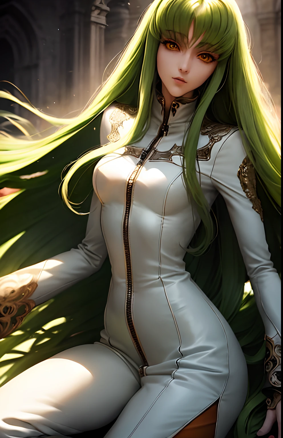 c.c., expressionless, 
(masterpiece, best quality, ultra-detailed, best shadow, volumetric lighting), (beautiful detailed face, beautiful detailed eyes), (best illumination),
orange eyes, very long green hair, zipper, white straitjacket, 
(cowboy shot:1.3), intense angle,
mksks style, beautiful background, professional lighting, landscape with warm Colors,