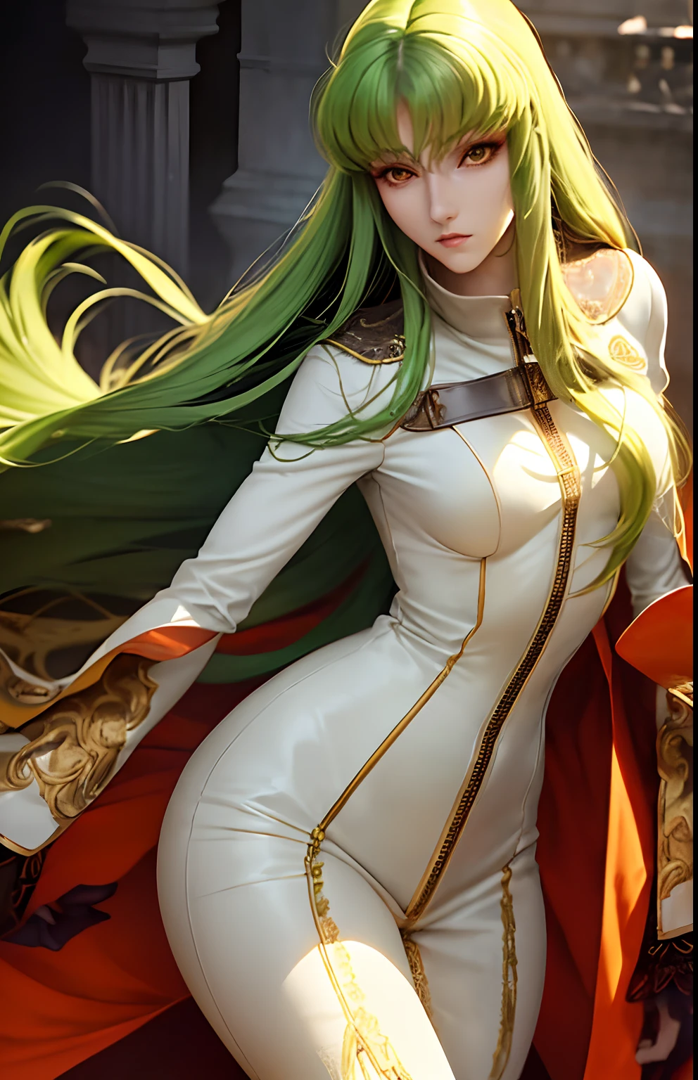 c.c., expressionless,
(masterpiece, best quality, ultra-detailed, best shadow, volumetric lighting), (beautiful detailed face, beautiful detailed eyes), (best illumination),
orange eyes, very long green hair, zipper, white straitjacket,
(cowboy shot:1.3), intense angle,
mksks style, beautiful background, professional lighting, landscape with warm Colors,