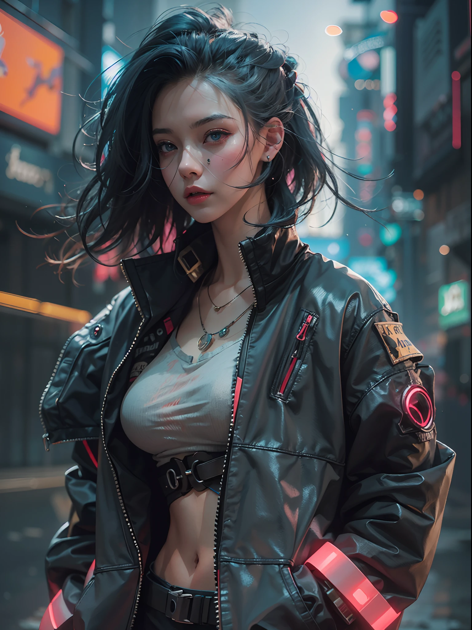 there is a woman standing on the side of the street, cyberpunk art by Yang J, trending on Artstation, realism, artwork in the style of guweiz, anime style. 8k, guweiz, realistic anime 3 d style, trending on cgstation, 🤤 girl portrait, hyper-realistic cyberpunk style, anime style mixed with fujifilm, dreamy cyberpunk girl