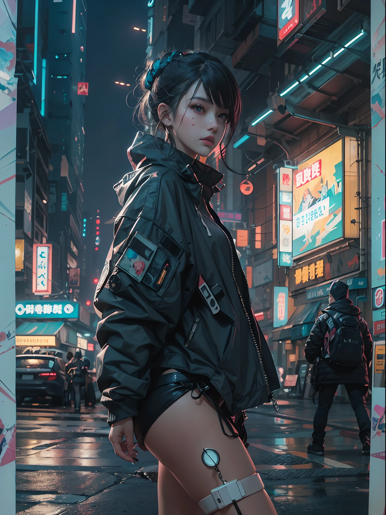 there is a woman standing on the side of the street, cyberpunk art by Yang J, trending on Artstation, realism, artwork in the style of guweiz, anime style. 8k, guweiz, realistic anime 3 d style, trending on cgstation, 🤤 girl portrait, hyper-realistic cyberpunk style, anime style mixed with fujifilm, dreamy cyberpunk girl