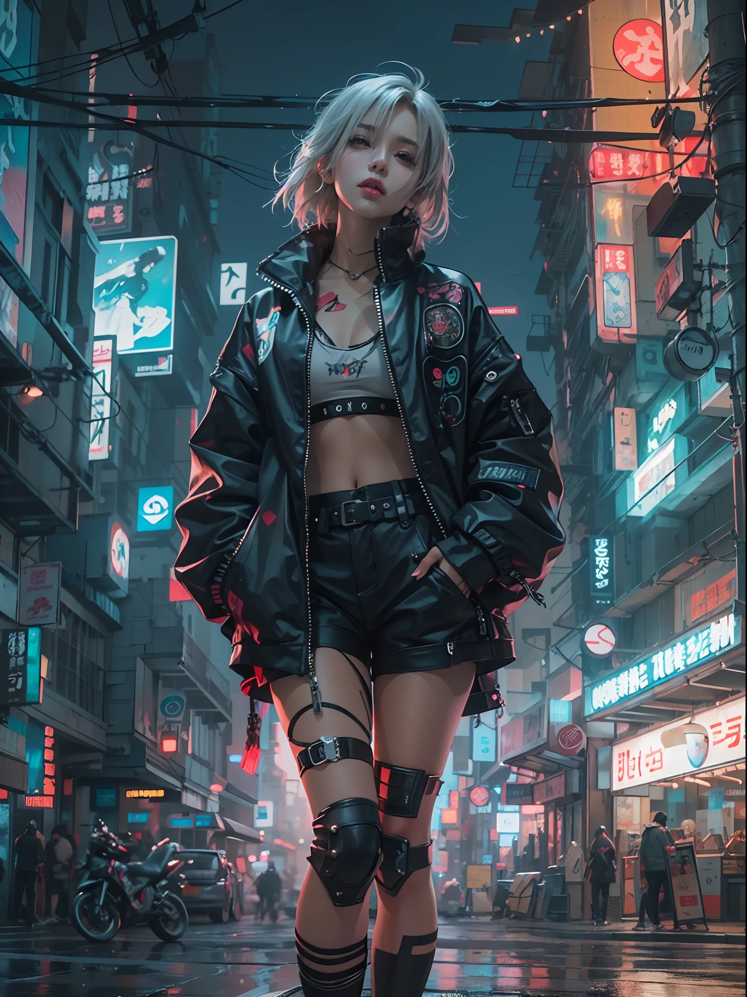 there is a woman standing on the side of the street, cyberpunk art by Yang J, trending on Artstation, realism, artwork in the style of guweiz, anime style. 8k, guweiz, realistic anime 3 d style, trending on cgstation, 🤤 girl portrait, hyper-realistic cyberpunk style, anime style mixed with fujifilm, dreamy cyberpunk girl