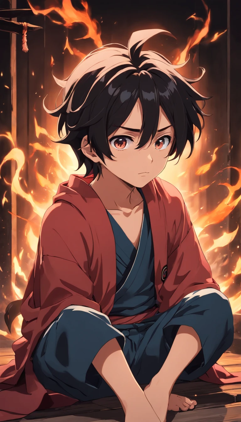 Kamado Tanjiro, Demon Slayer, a sitting, sad eyes, sad face, helpless, sad, detailed face, black hair, black background