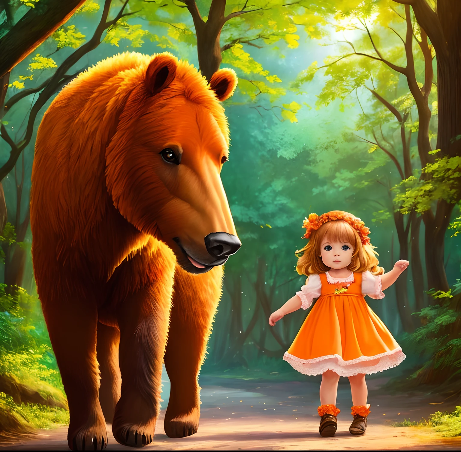 Cute little girl, con gran detalle, cola de caballo trensado color naranja, Adorable arte digital, en un bosque encantado, al lado de un bear adorable esponjoso.