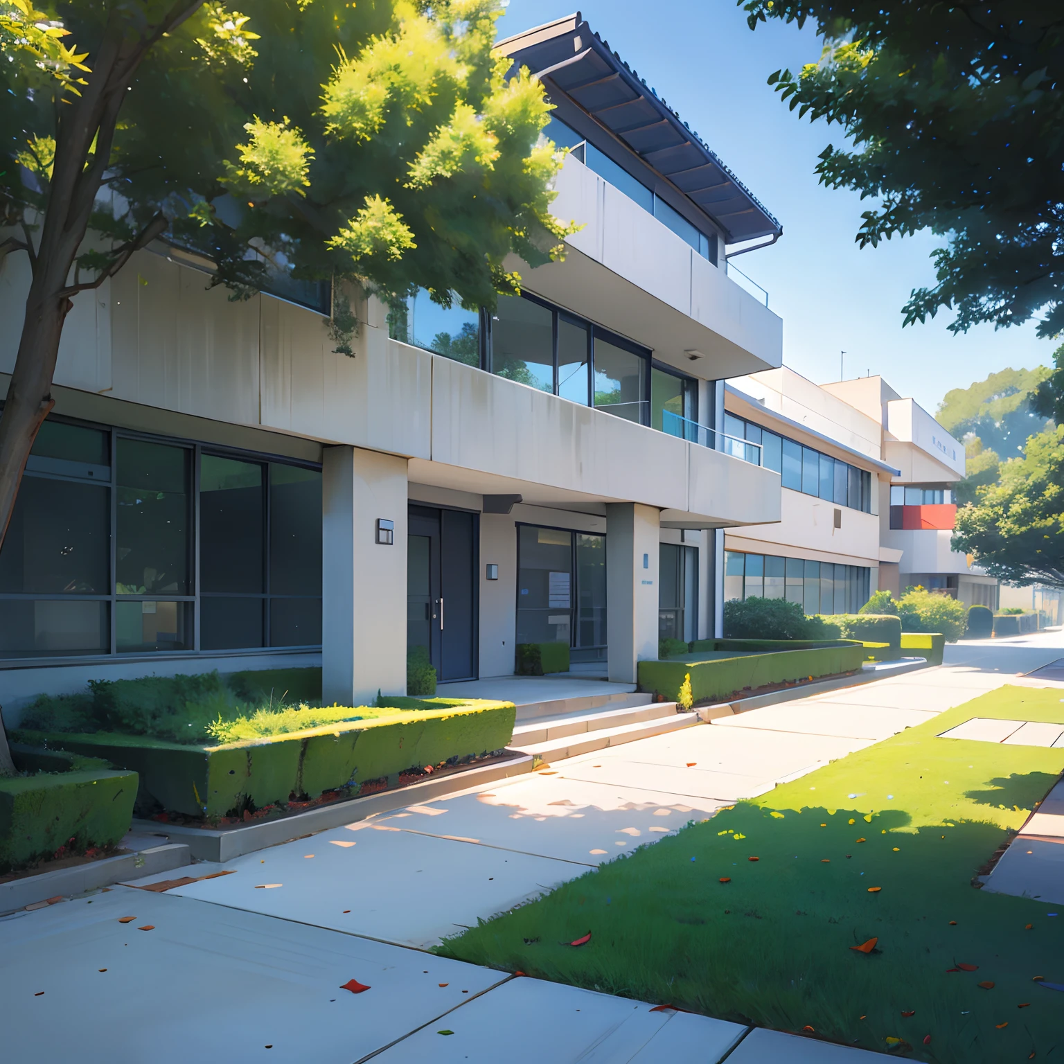 Modern school, lawn, front view, daytime, city background, wide angle, no one