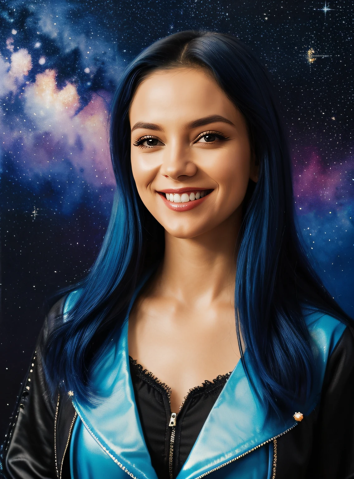 ((Melhor Qualidade)), ((Obra-Prima)), ((Realista)) and watercolor drawing of a girl with gothic colors She has ((cabelo estrelado)), usa (roupas elegantes: motivo estrela) (jaqueta tech-wear) , ((handsome and aesthetic)), (Sky background full of stars) (fundo claro: 1.35), (particuls, vagalume, brilho azul):1.3, perspectiva, sorriso olhando para o espectador,