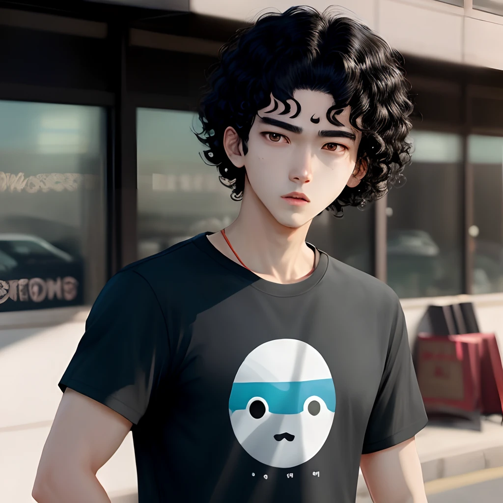 Anime guy has black curly hair and black eyes wearing blue t-shirt kill somebody