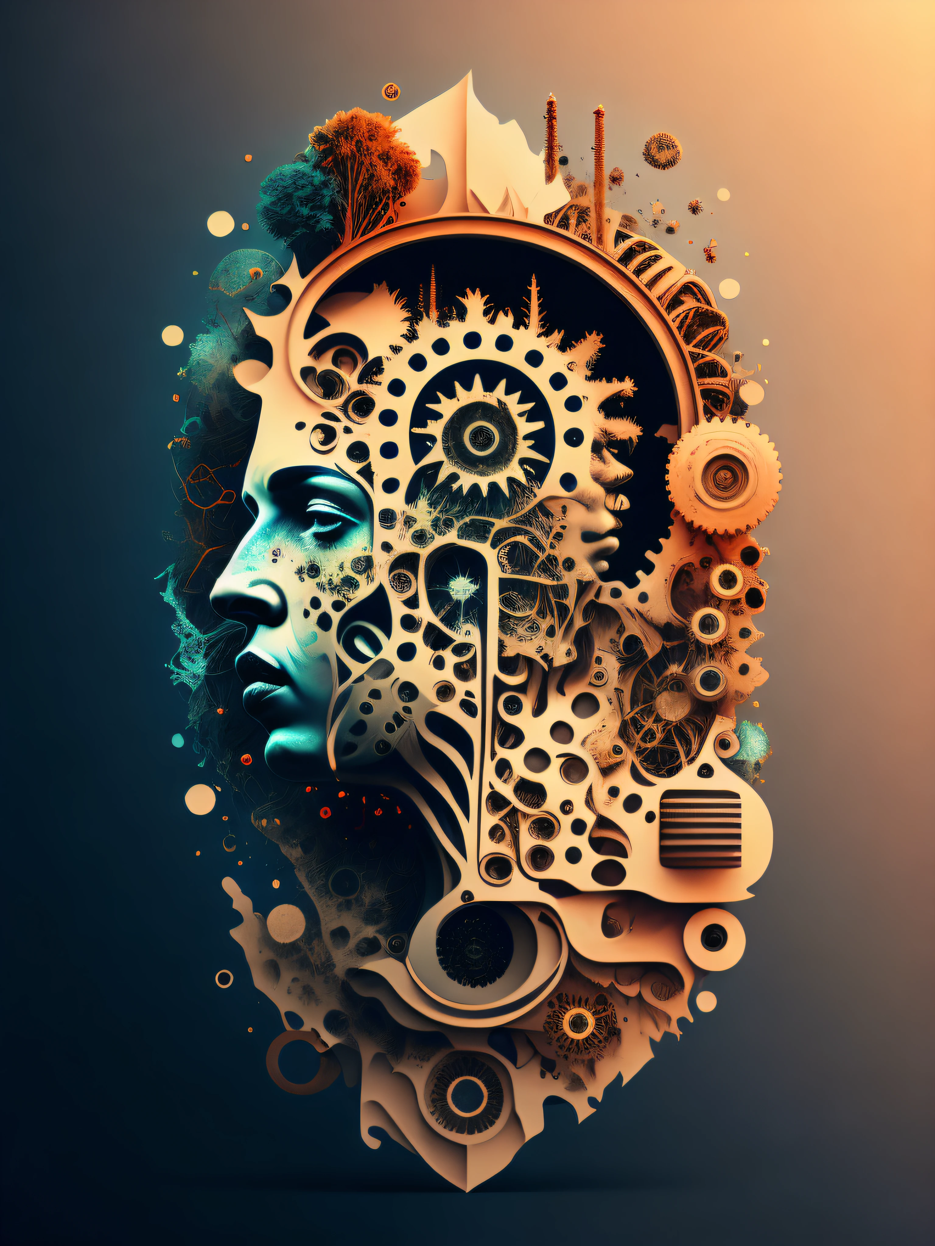 a stylized image of a person's head with many gears in it