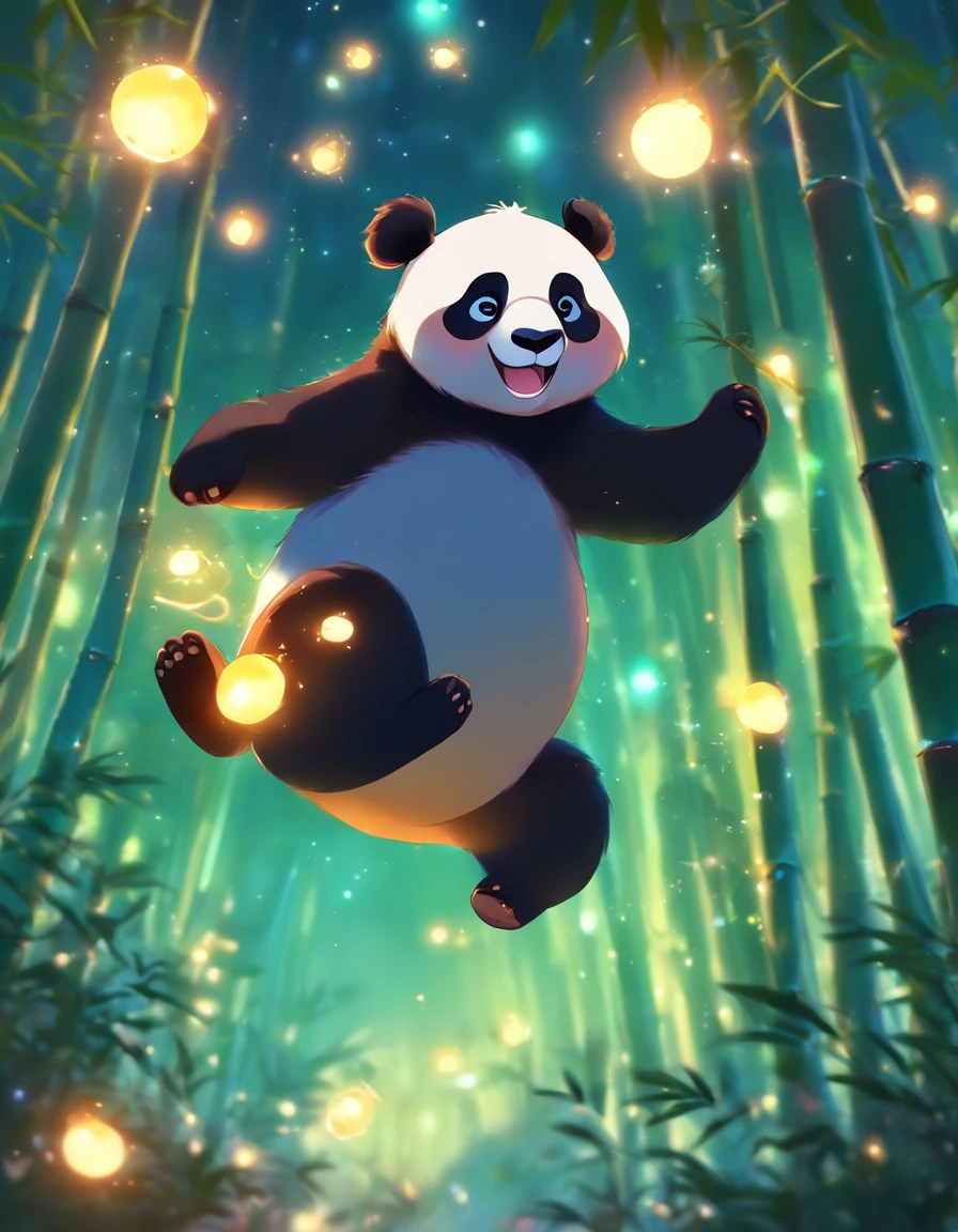 Kids Illustration,Silent Night, Quiet bamboo forest, Bamboo leaves fall in the wind,Cute and cute giant panda in the air, Full moon in the sky, Flying fireflies,((OC rendering))