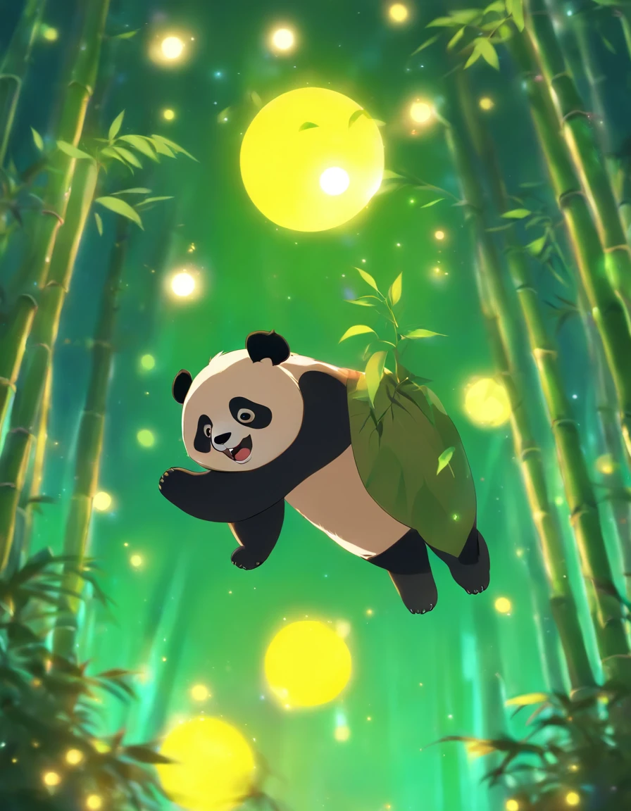 Kids Illustration,Silent Night, Quiet bamboo forest, Bamboo leaves fall in the wind,Cute and cute giant panda in the air, Full moon in the sky, Flying fireflies,((OC rendering))
