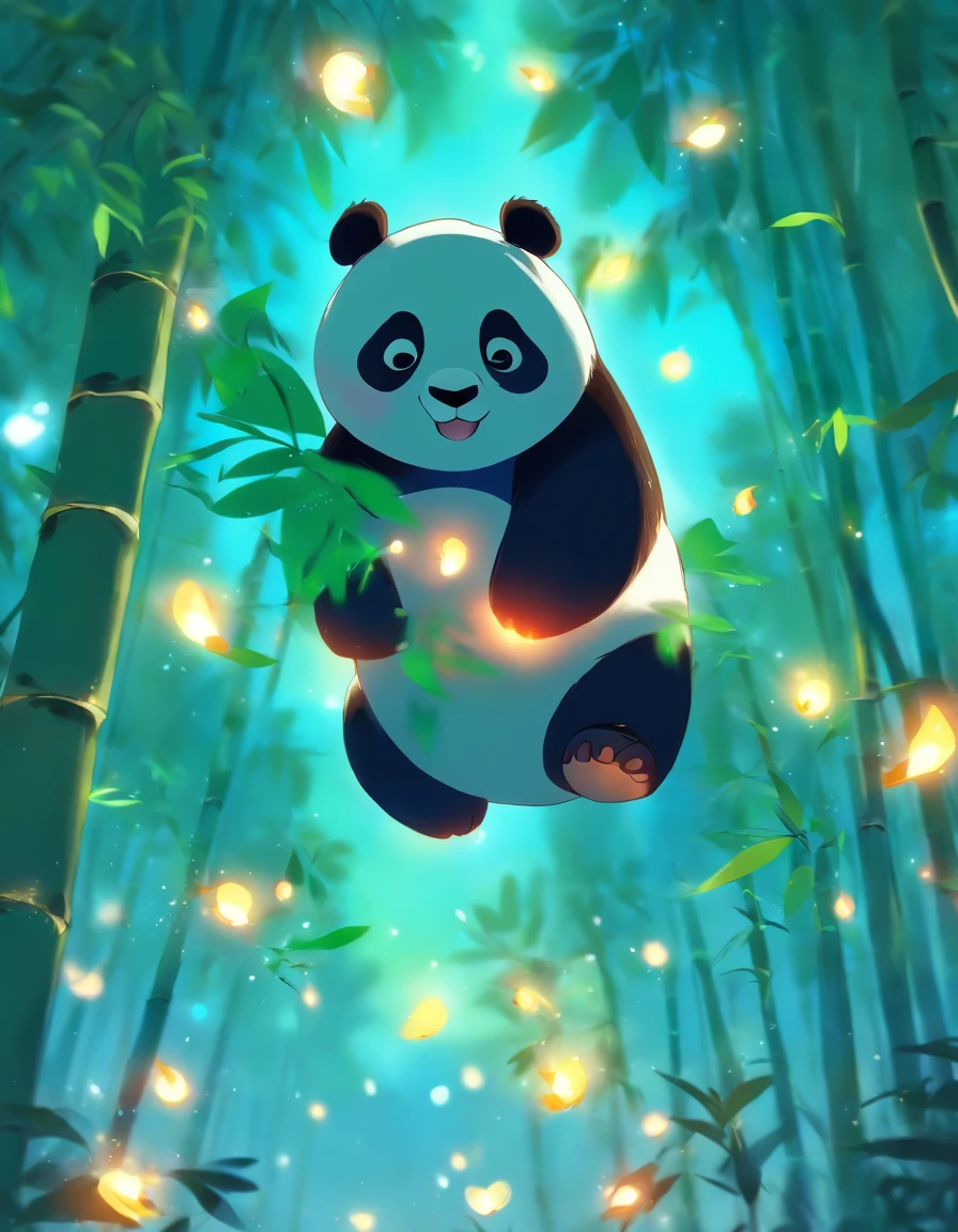 Kids Illustration,Silent Night, Quiet bamboo forest, Bamboo leaves fall in the wind,Cute and cute giant panda in the air, Full moon in the sky, Flying fireflies,((OC rendering))