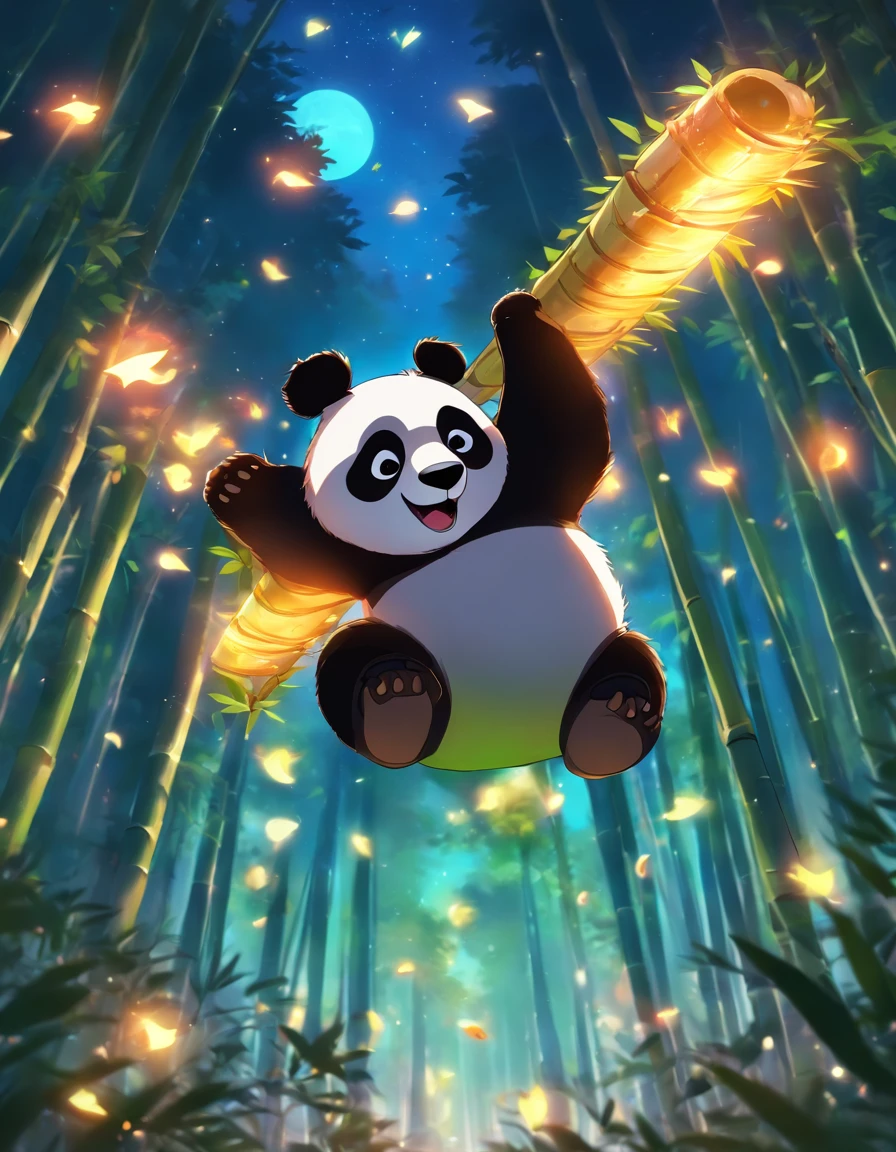 Kids Illustration,Silent Night, Quiet bamboo forest, Bamboo leaves fall in the wind,Cute and cute giant panda in the air, Full moon in the sky, Flying fireflies,((OC rendering))