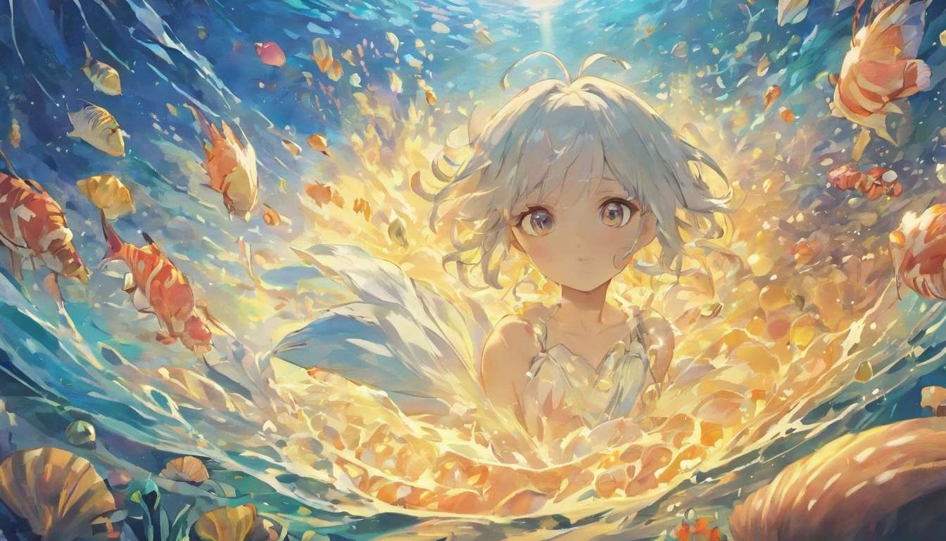 House of Undersea Boy Silver-haired Seashell，girl with short white hair，colorful bubble，a plant，Glowing small fish，glinting，ocean floor，( Reasonable design, Clear lines, High Sharpness,Best Quality, Very detailed, masutepiece, Movie Light Effects, 4K )