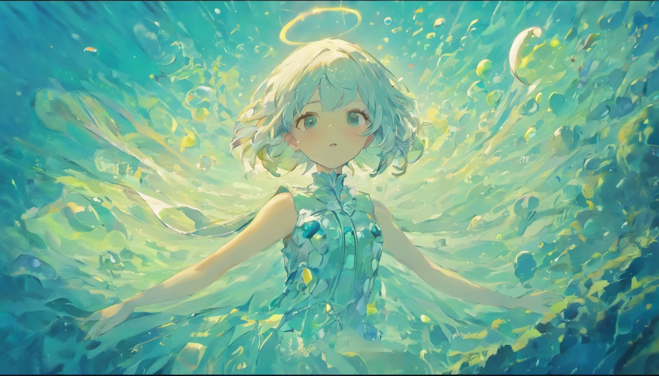 House of Undersea Boy Silver-haired Seashell，girl with short white hair，colorful bubble，a plant，Glowing small fish，glinting，ocean floor，( Reasonable design, Clear lines, High Sharpness,Best Quality, Very detailed, masutepiece, Movie Light Effects, 4K )