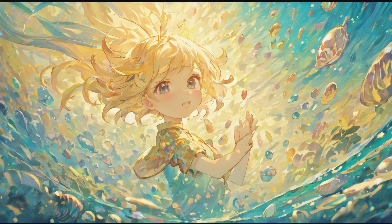 House of Undersea Boy Silver-haired Seashell,girl with short white hair,colorful bubble,a plant,Glowing small fish,glinting,ocean floor,( Reasonable design, Clear lines, High Sharpness,Best Quality, Very detailed, masutepiece, Movie Light Effects, 4K )