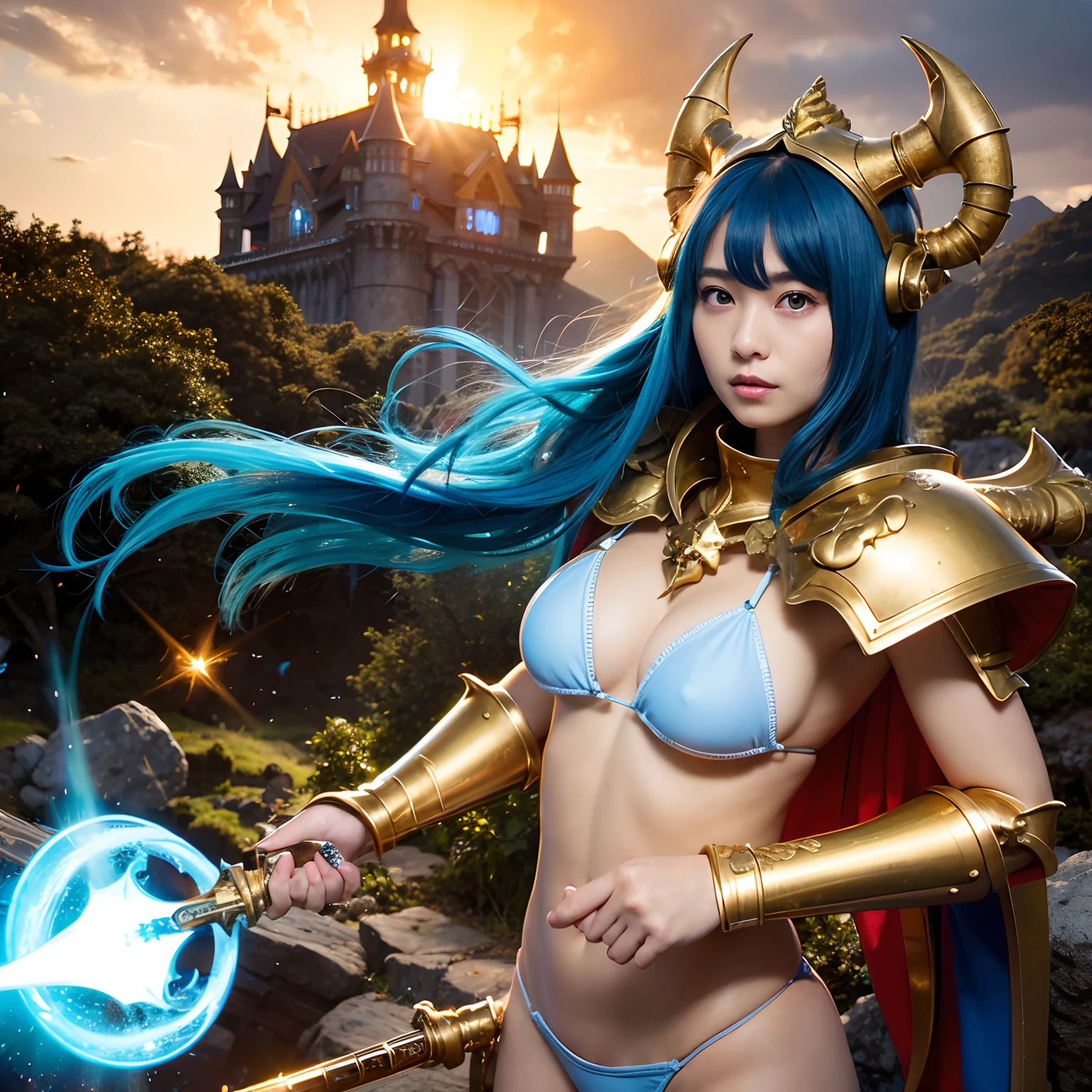 Professional , masterpiece、top-quality、photos realistic , 、top-quality、超A high resolution、(Photorealsitic:1.4)、Raw photo、depth of fields (Gemstone Gold Metal Body:1.9),(Matte White、Toostock、heavy breasts、(cleavage of the breast)、(((Micro Bikini Armor))),(Detailed Dragon Armor)、(Have the strongest weapon)、((Random Hairstyles 1.6),Dark Fantasy,)explosions、intense fighting、(Precipitous cliffs),Dragon Gold Weapon,Mystical expression、Particles of light、Fight dragons、(Detailed Dragon Helmet),Gorgeous Silver Weapons ,(( Dragon's dense and gorgeous sword)) , Beautiful knife ,warhammer 40k ,Detail and gorgeous tiaras、((Blue hair))、(Castle background)、、((Gangle's forest background))、Beautiful Caucasian beauty、1a person、dynamic ungle,(((With detailed shielding)))、Smaller head、A smile、Castle background、Thin and beautiful female hands、cleavage of the breast、Soldier in iron armor on background、Mystical expression、Light Effects、intense fighting、Wind-effect、magic circles、With the legendary magic wand、(demonic wings)、Toostock、