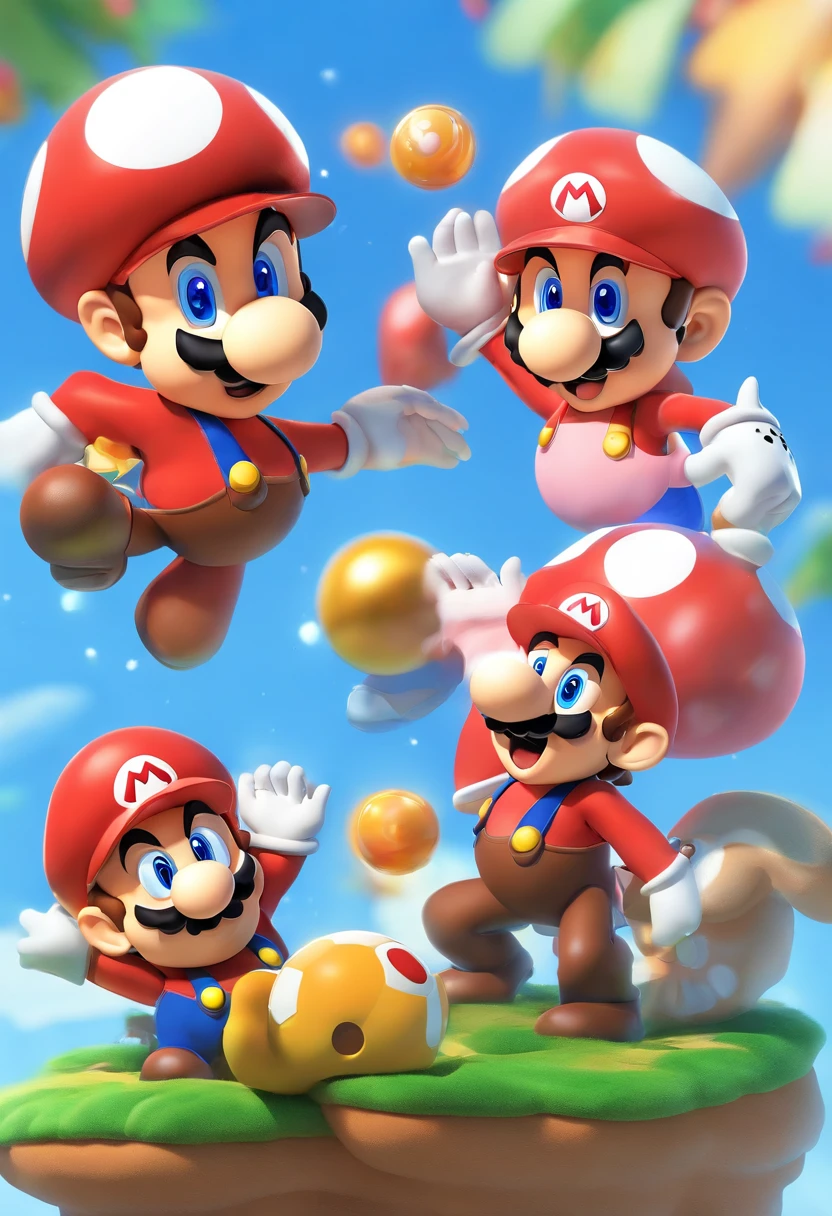 orange sasquatch and a cyborg hosting a podcast together, (Mario), character design, Nintendo Super Mario, (blue eyes, red hat, red suit, blue suspenders, white gloves, )super cute blind box style, chibi, full body, exaggerated expressions and actions, clean background, bright iridescent highlights, studio lighting, atmospheric lighting, with exquisite texture, high detail, high resolution, c4d, 3D, Blender, 8k, best quality, ultra high definition