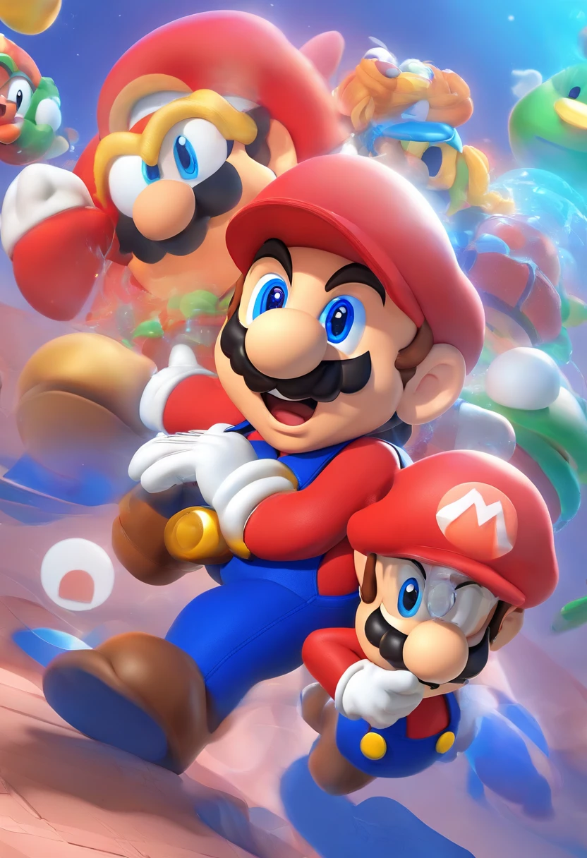 orange sasquatch and a cyborg hosting a podcast together, (Mario), character design, Nintendo Super Mario, (blue eyes, red hat, red suit, blue suspenders, white gloves, )super cute blind box style, chibi, full body, exaggerated expressions and actions, clean background, bright iridescent highlights, studio lighting, atmospheric lighting, with exquisite texture, high detail, high resolution, c4d, 3D, Blender, 8k, best quality, ultra high definition