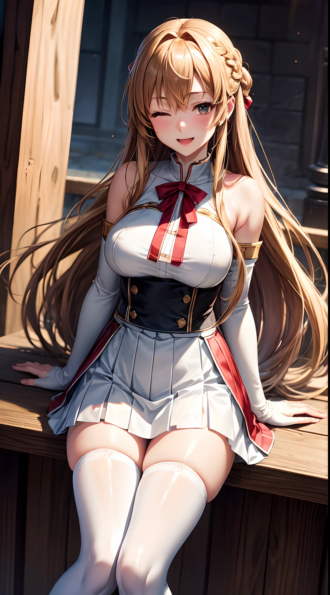 1 girl, solo, long hair, breasts, looking at viewer, blush, smile, bangs, blue eyes, blonde hair, large breasts, gloves, bow, ribbon, navel, holding, cleavage, sitting, very long hair, nipples, hair ribbon, thighs, nude, hairband, pussy, alternate costume, bowtie, stomach, mole, hair over one eye, grin, blurry, red bow, completely nude, bell,  halo, straddling, blue ribbon, christmas, jingle bell, neck bell, red gloves, condom, mole on breast, one eye covered, cleft of venus, holding condom, mole under mouth, sweat, cum, cum on pussy