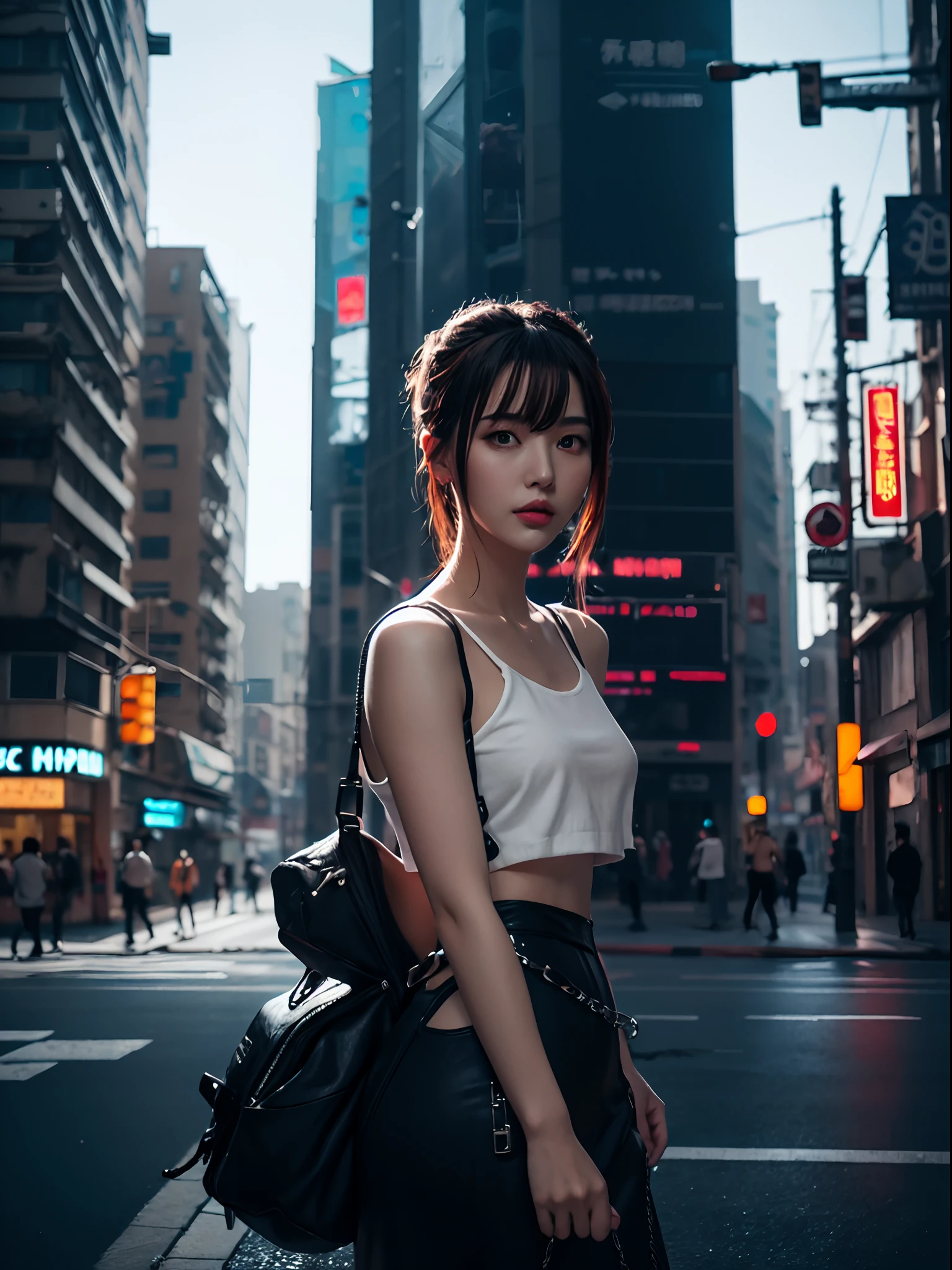 there is a woman standing on the side of the street, cyberpunk art by Yang J, trending on Artstation, realism, artwork in the style of guweiz, anime style. 8k, guweiz, realistic anime 3 d style, trending on cgstation, girl portrait, hyper-realistic cyberpunk style, anime style mixed with fujifilm, dreamy cyberpunk girl