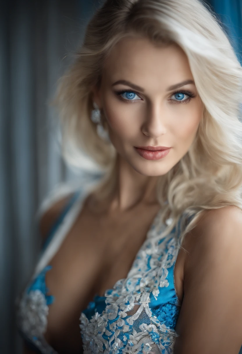 30 years old, gorgeous russian girl, 1girl,asspic ,(tall:1.1),blonde_hair,long_hair,bangs,(red_innerhair:0.7),blue_eyes