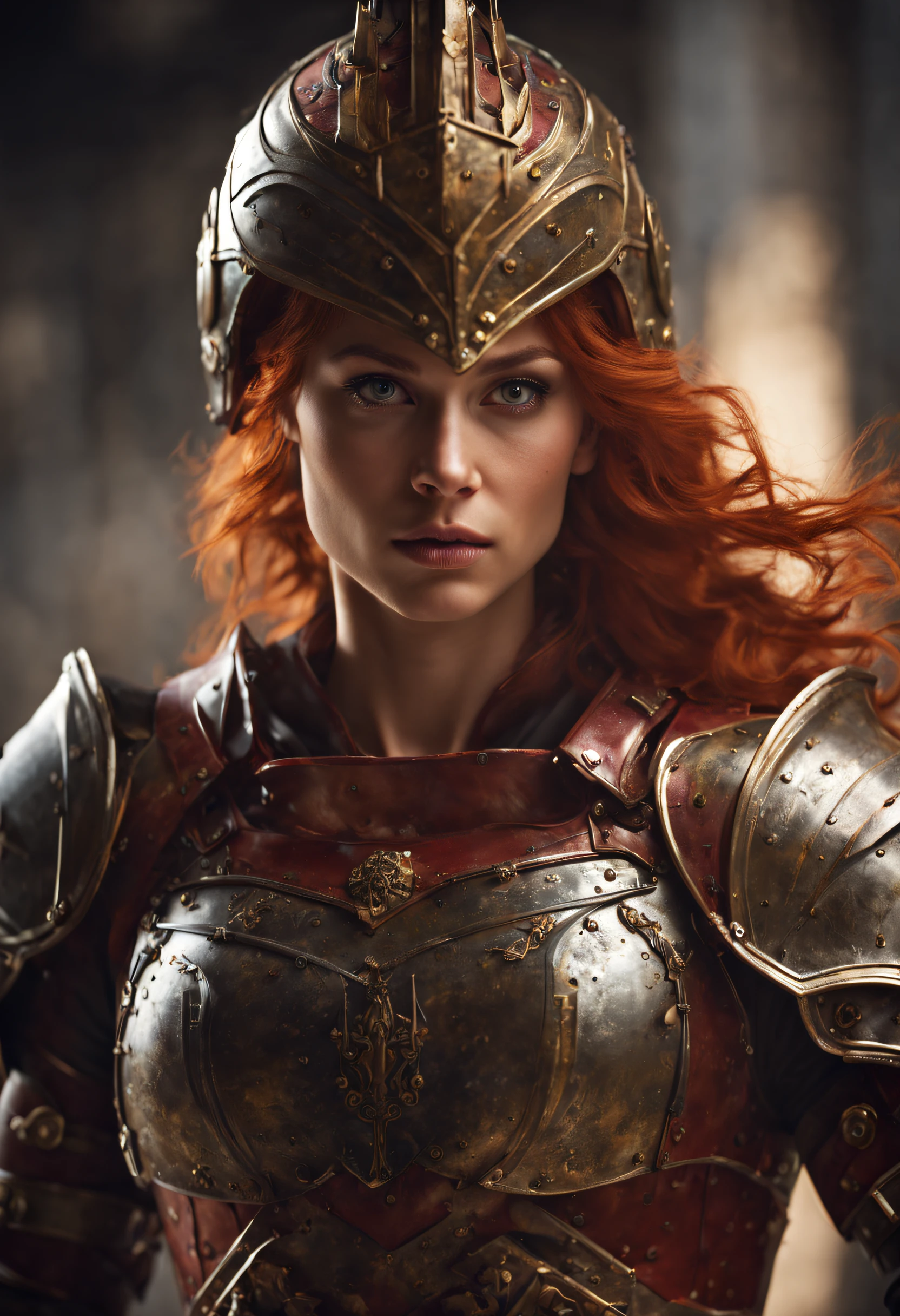 young woman, fit, athletic, red hair, in armor, helmet, holding a sword, wide angle shot, detailed, perfect face, detailed pupils, perfect anatomy, sharp focus, insanely detailed, realistic, detailed, sharp, fine and precise, delicate lines, complex cinematography, sharp focus, dynamic posture, highly detailed, high quality, detailed face, detailed eyes, insanely detailed, 32k, studio cinematic lighting, crisp focus, graininess, feeling of passion, ideal body proportions
