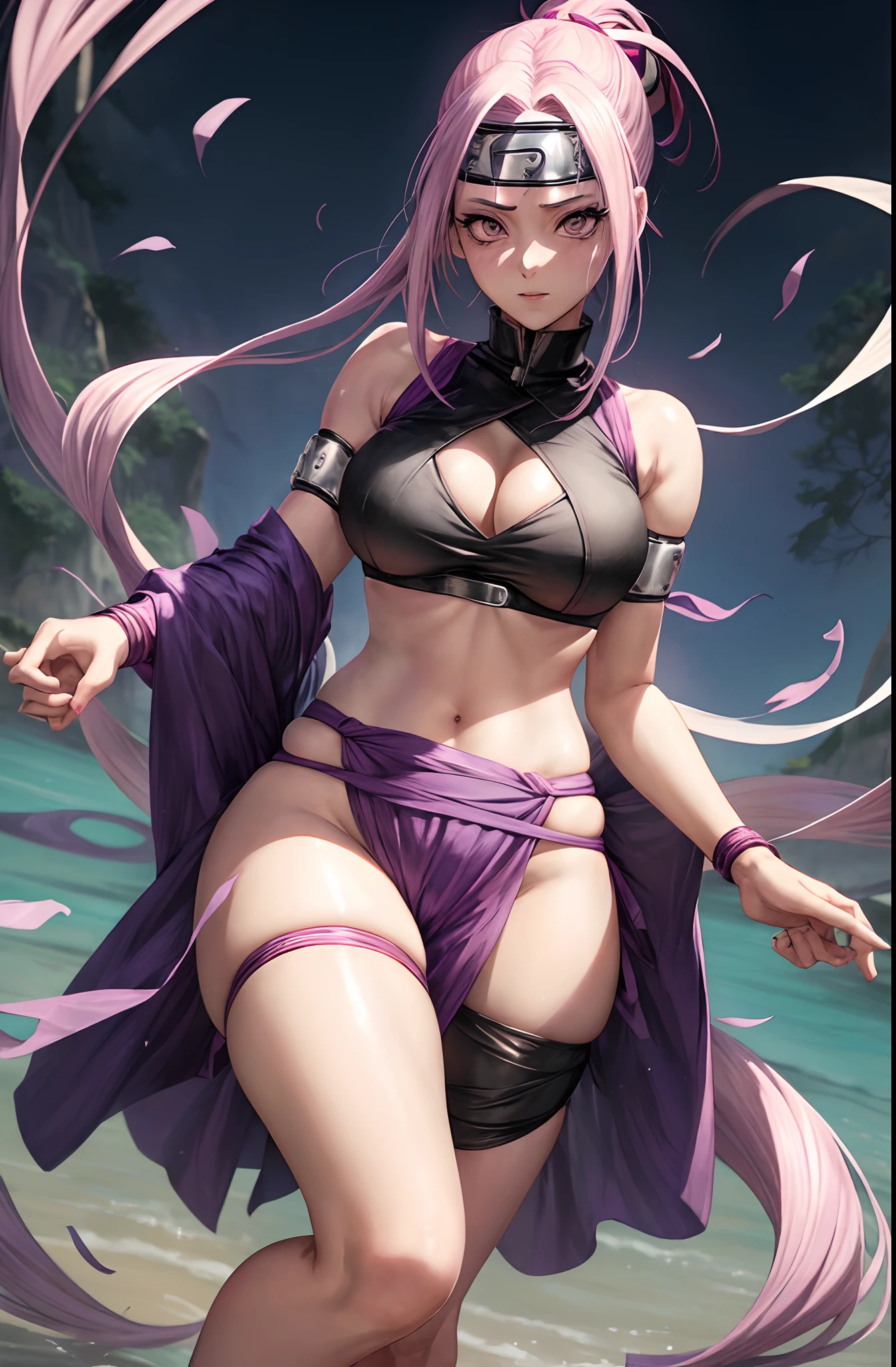 uma mulher de top roxo e saia ao lado de uma parede branca, Ino, Naruto, ino, personagem de anime feminino, inspirado no INO, Ino gata, sexy, roupas sexual,  Naruto, de naruto, Melhor Design de Personagens de Anime, personagem de anime, como um personagem de anime, sakura haruno, hinata hyuga,  Kunoichi, personagem estilo anime, sil from species, olhos sexual,  olhos detalhados,  olhos alegre, roupas sexy,  corpo perfeito, menacing stare