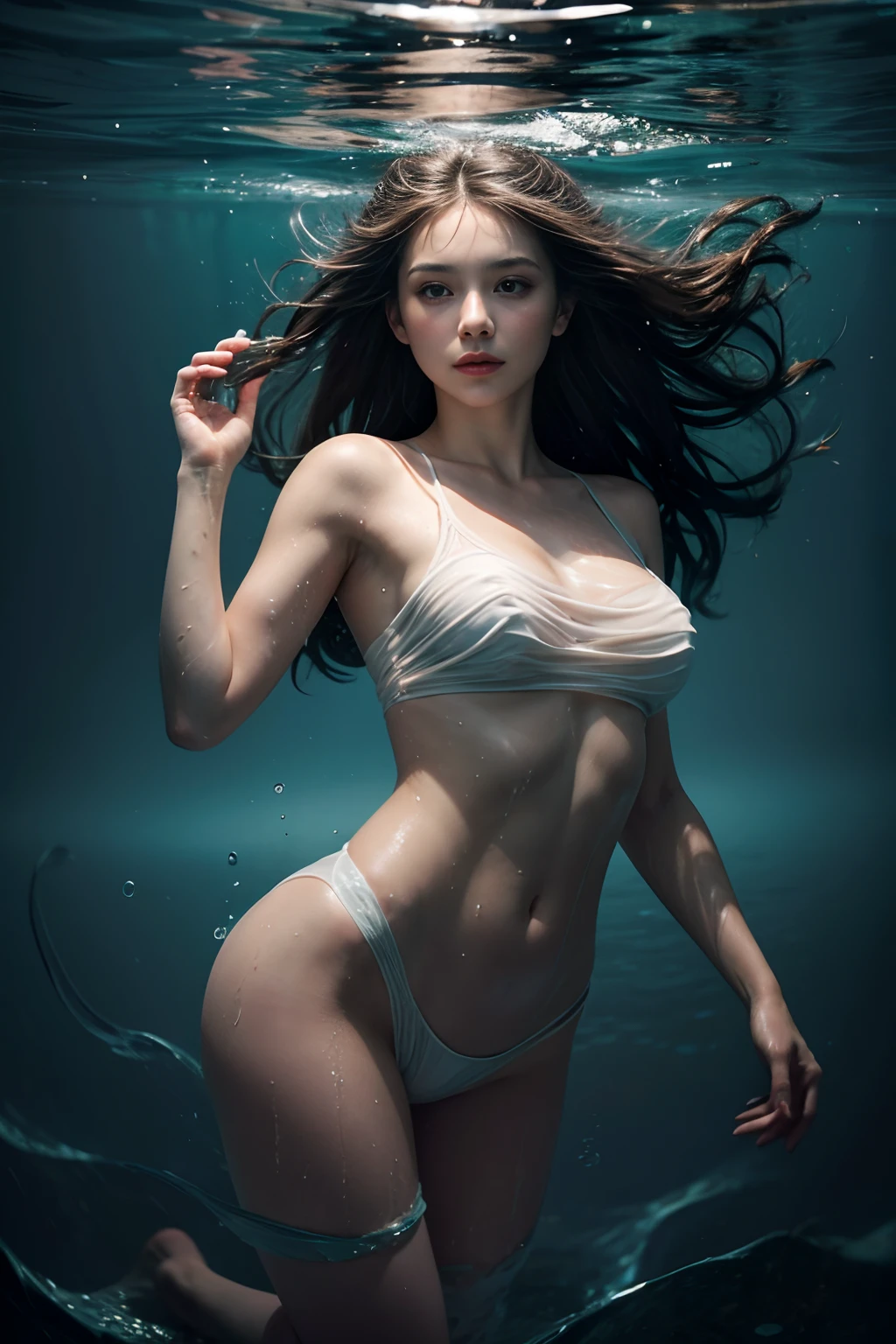 submerged figure,ripples and reflections,painterly style,elegant pose,water surface texture,gentle lighting,subtle color palette,high-definition details,underwater atmosphere,wet hair effect,facial expression, Perfect Skin, Perfect face, Wet shirt, Night, A sexy, dreary atmosphere,liquids:1.3, Floating in the sea