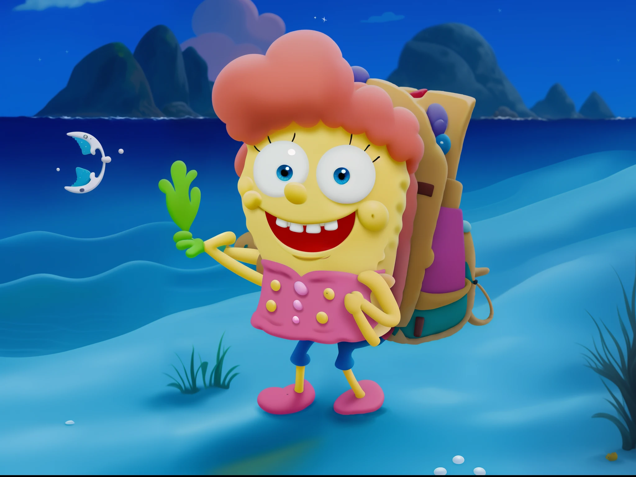 spongebob with a backpack waving and smiling on the beach, sponge bob, spongebob squarepants, spongebob, spongy, patrick, squidward, spongebob circle pants, cartoon image, lol, pearl, sponge, 😃😀😄☺🙃😉😗, cheeks, 🎀 🗡 🍓 🧚, bob, bob clampett, nickelodeon, fry, beautiful image, puffy disney art