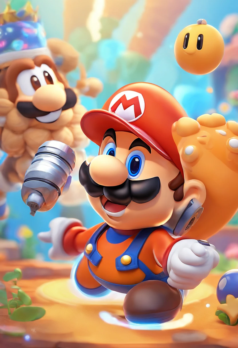 orange sasquatch and a cyborg hosting a podcast together, character design, Nintendo Super Mario, super cute blind box style, chibi, full body, exaggerated expressions and actions, clean background, bright iridescent highlights, studio lighting, atmospheric lighting, with exquisite texture, high detail, high resolution, c4d, 3D, Blender, 8k, best quality, ultra high definition